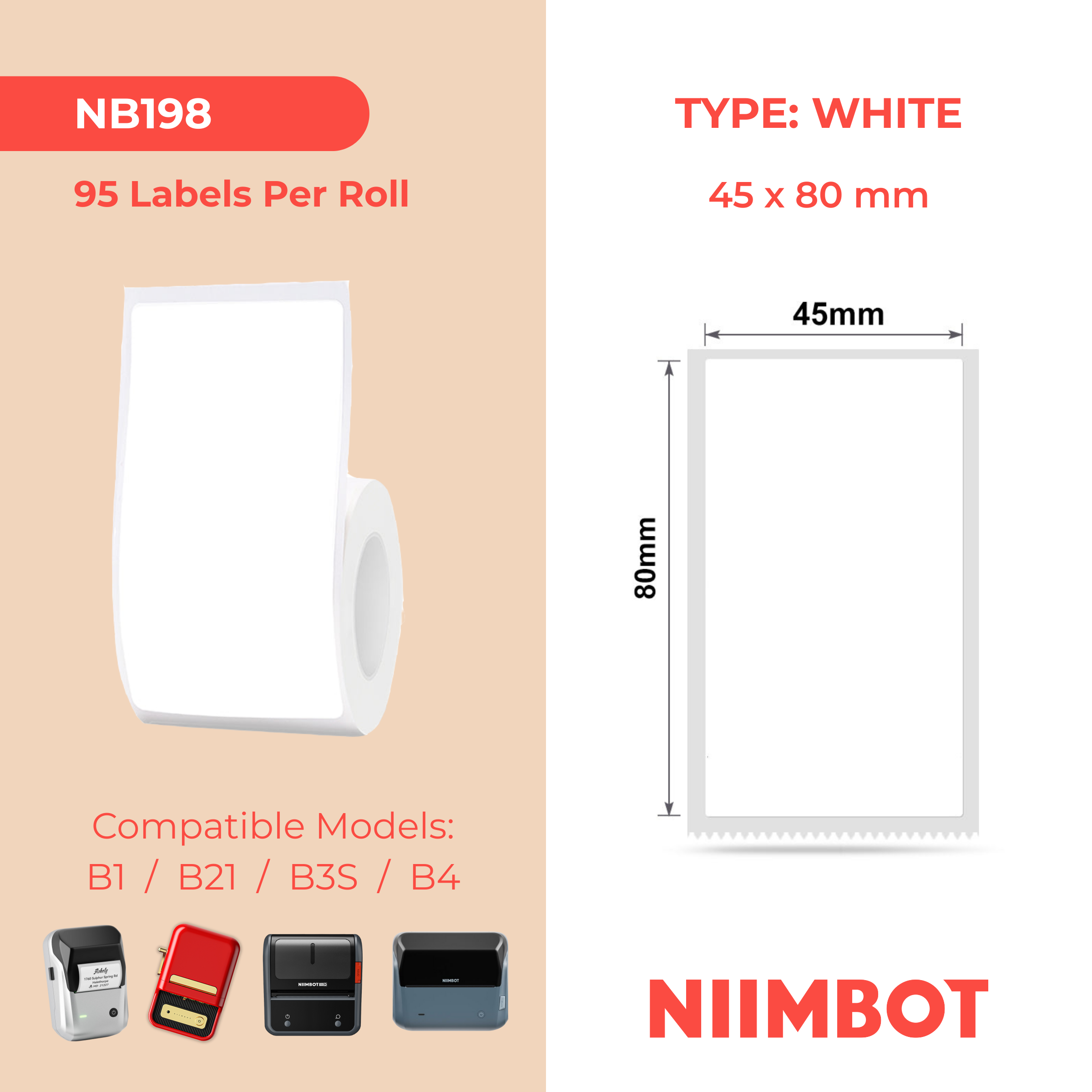 NB198 - NIIMBOT - B1 / B21 / B3S / B4 - 45X80MM - 95 WHITE LABELS
