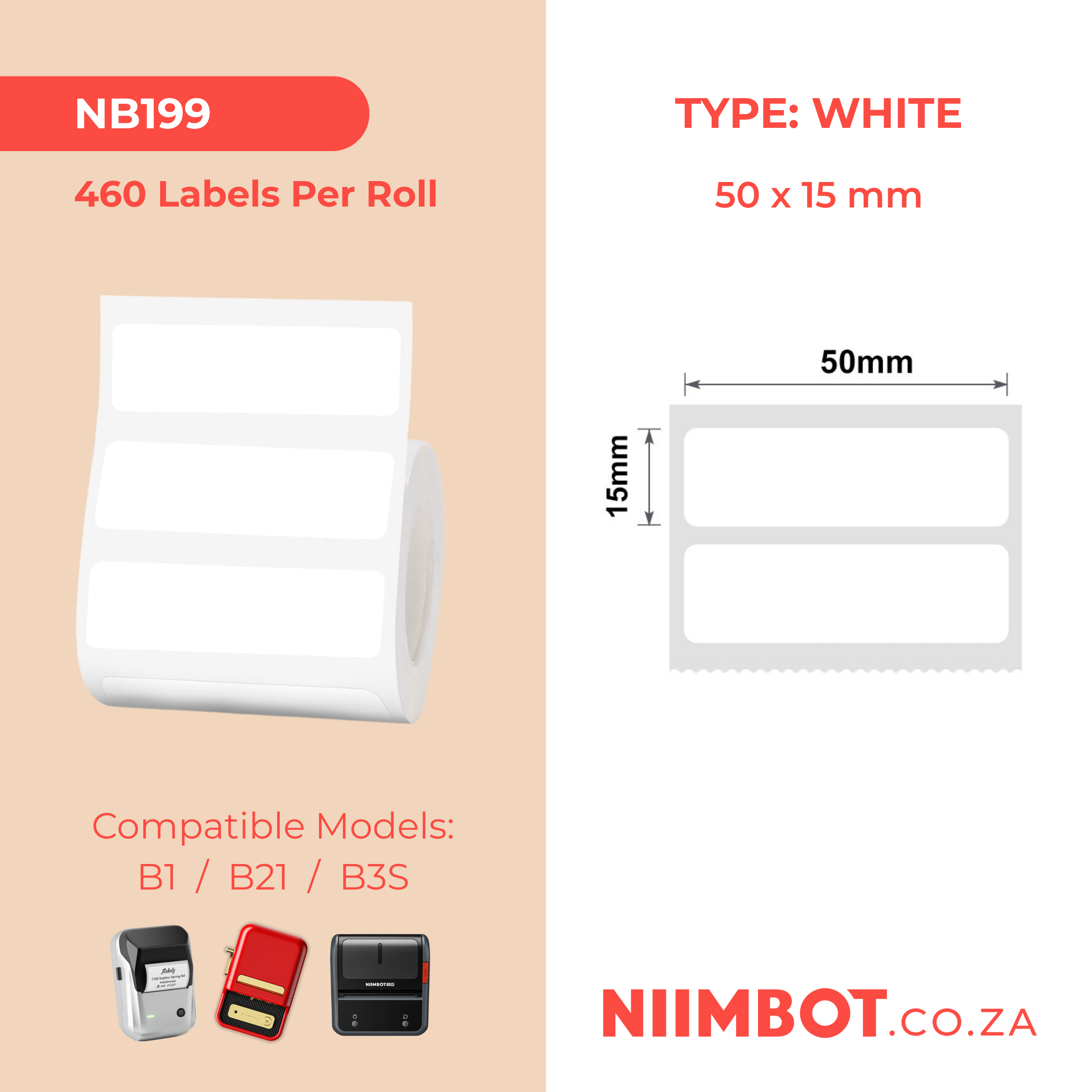 NB199 - NIIMBOT - B1 / B21 / B3S - T50*15MM/2R - 460 LABELS PER ROLL - WHITE