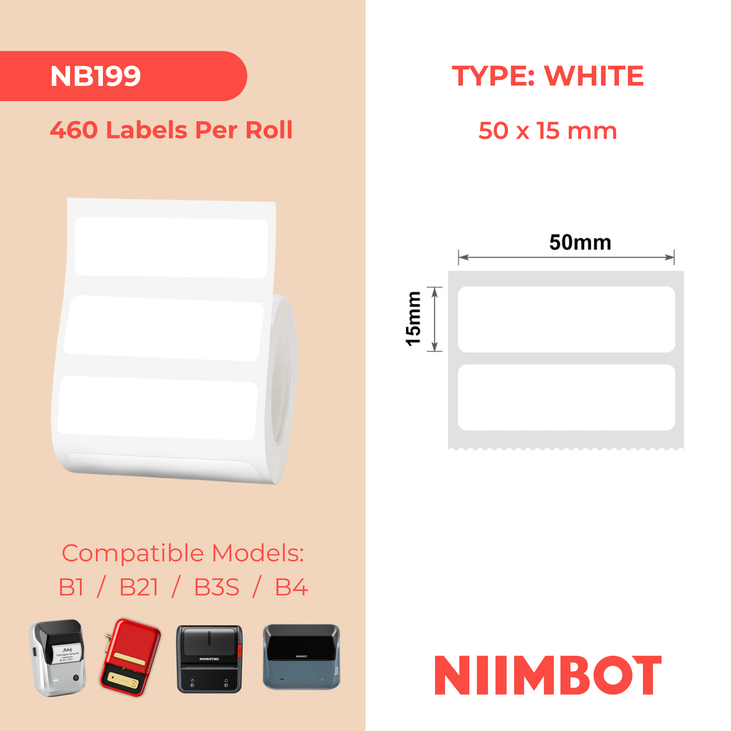 NB199 - NIIMBOT - B1 / B21 / B3S / B4 - T50X15MM/2R - 460 LABELS PER ROLL - WHITE