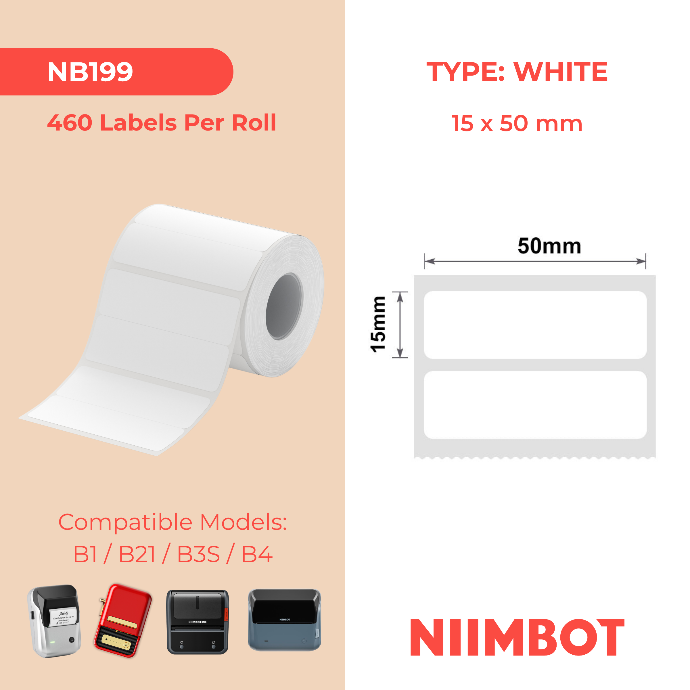 NIIMBOT - B Range - 50x15mm/2R - White - 460 Labels