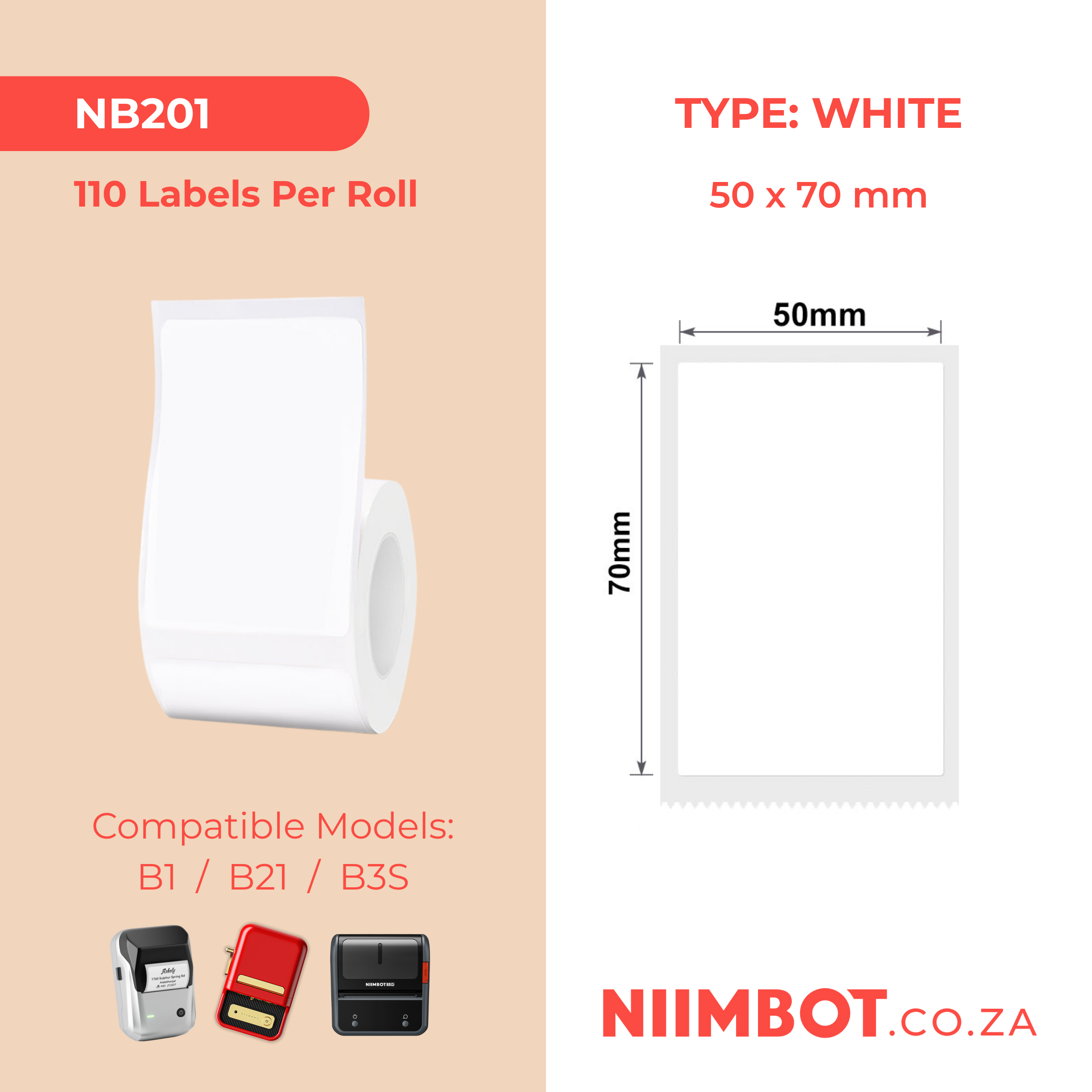 NB201 - NIIMBOT - B1 / B21 / B3S - T50*70MM - 110 LABELS PER ROLL - WHITE