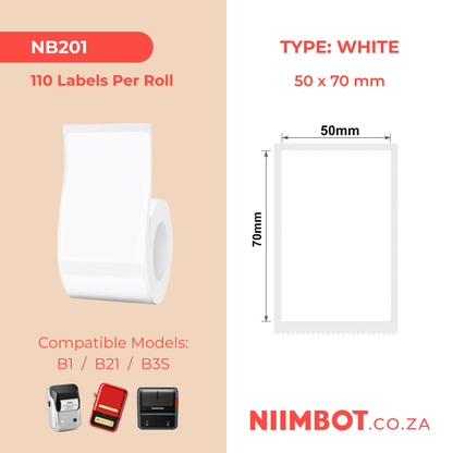 NB201 - NIIMBOT - B1 / B21 / B3S - T50*70MM - 110 LABELS PER ROLL - WHITE