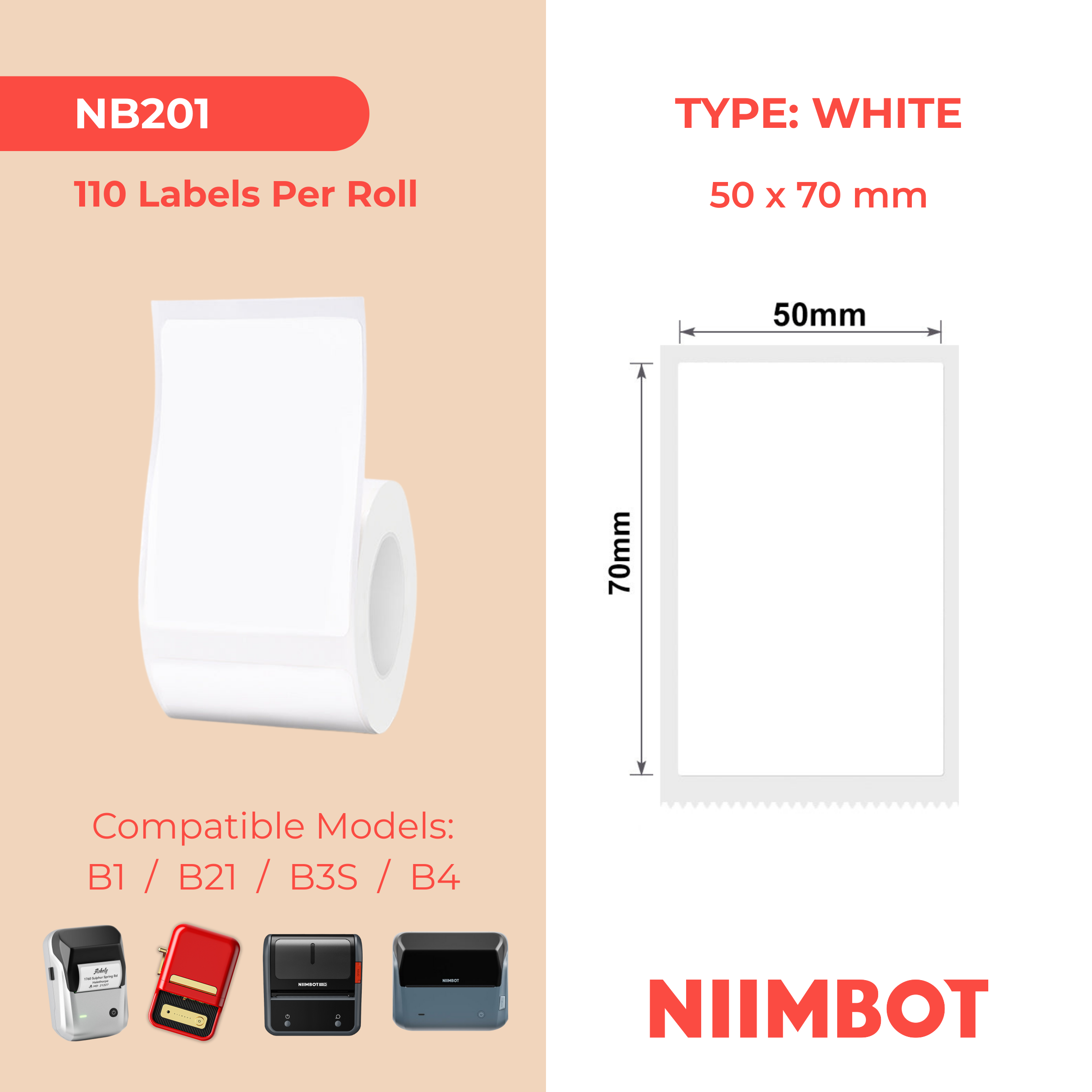 NB201 - NIIMBOT - B1 / B21 / B3S / B4 - T50X70MM - 110 LABELS PER ROLL - WHITE