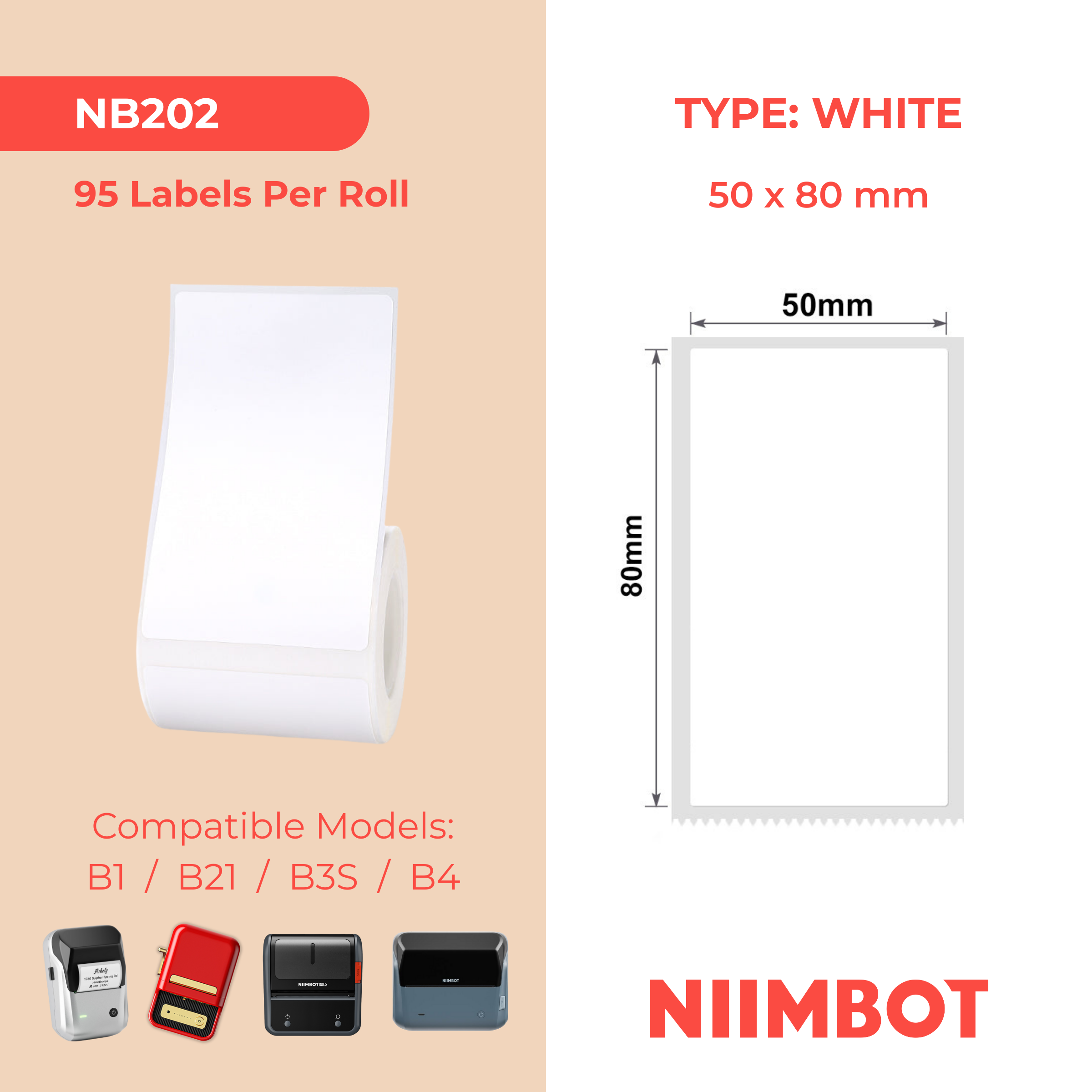 NB202 - NIIMBOT - B1 / B21 / B3S / B4 - T50X80MM - 95 LABELS PER ROLL - WHITE