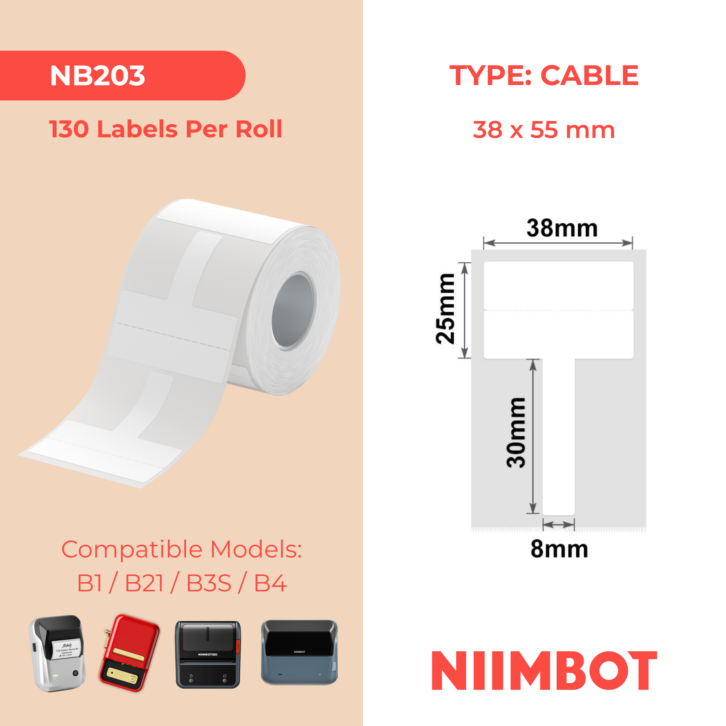 NB203 - NIIMBOT - B1 / B21 / B3S - T38*25+30MM - 130 ETIKETTE PER ROL - KABEL / JUWELE - WIT 