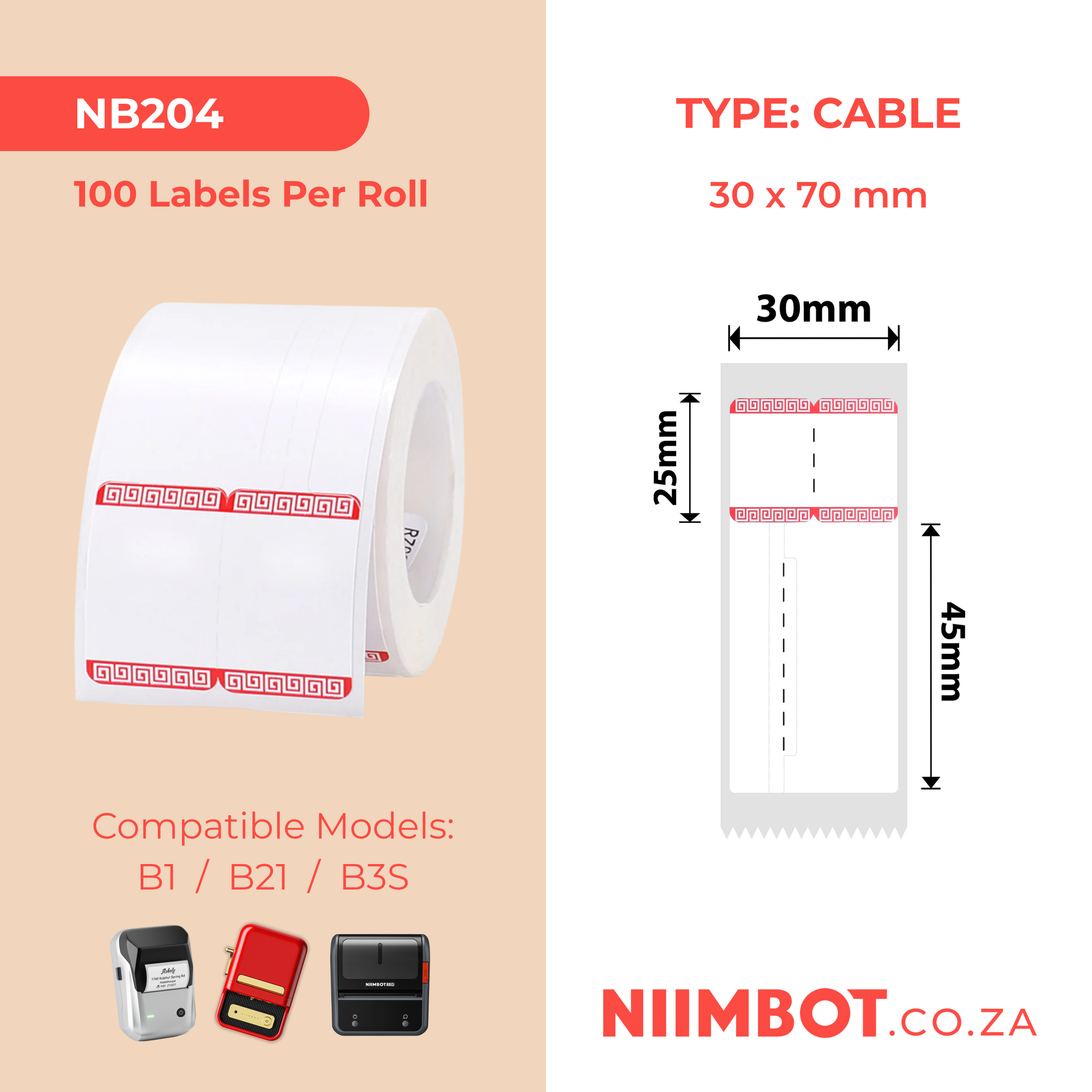 NB204 - NIIMBOT - B1 / B21 / B3S - 30*70MM - RING - 100 LABELS PER ROLL - RED BORDER DESIGN