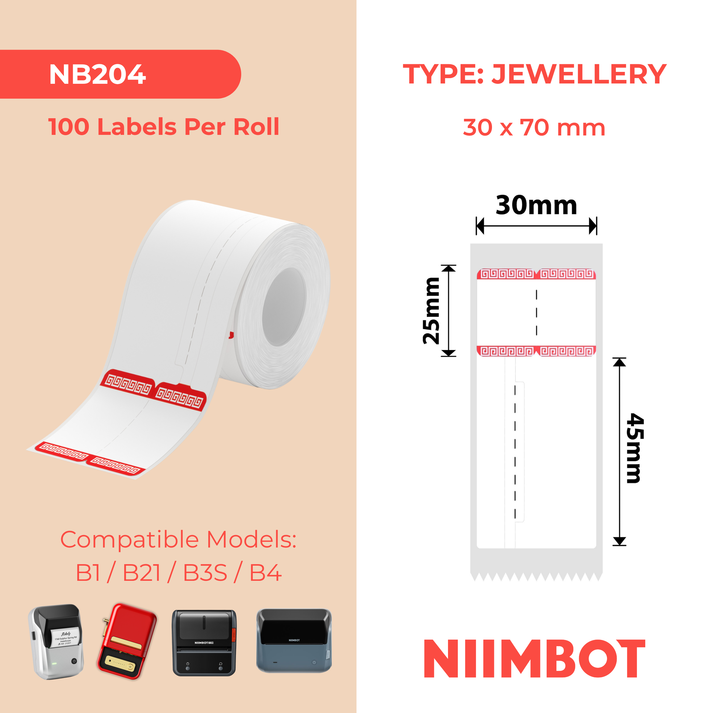NB204 - NIIMBOT - B1 / B21 / B3S - 30*70MM - RING - 100 ETIKETTE PER ROL - ROOI RANDONTWERP 