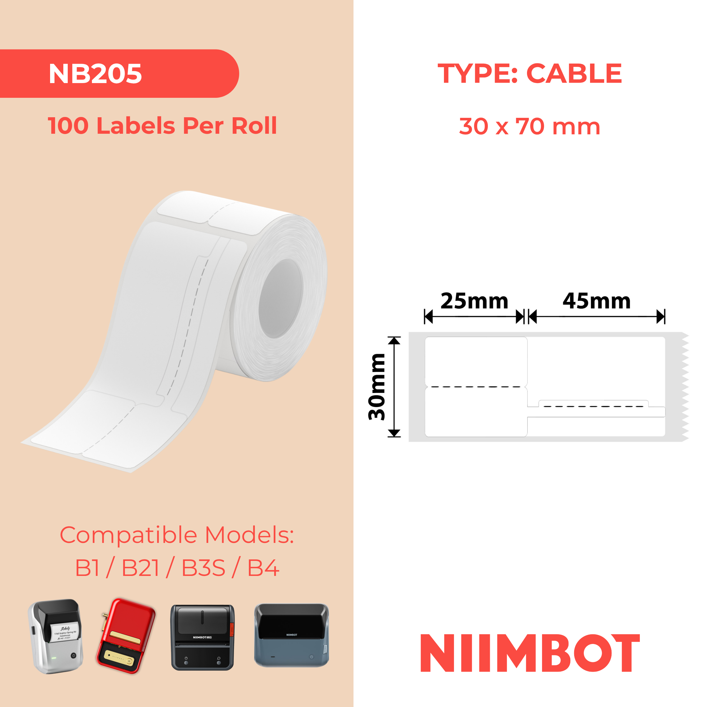 NB205 - NIIMBOT - B1 / B21 / B3S - T30*70MM (30*25+45) - 100 ETIKETTE PER ROL - WIT - KABELONTWERP 