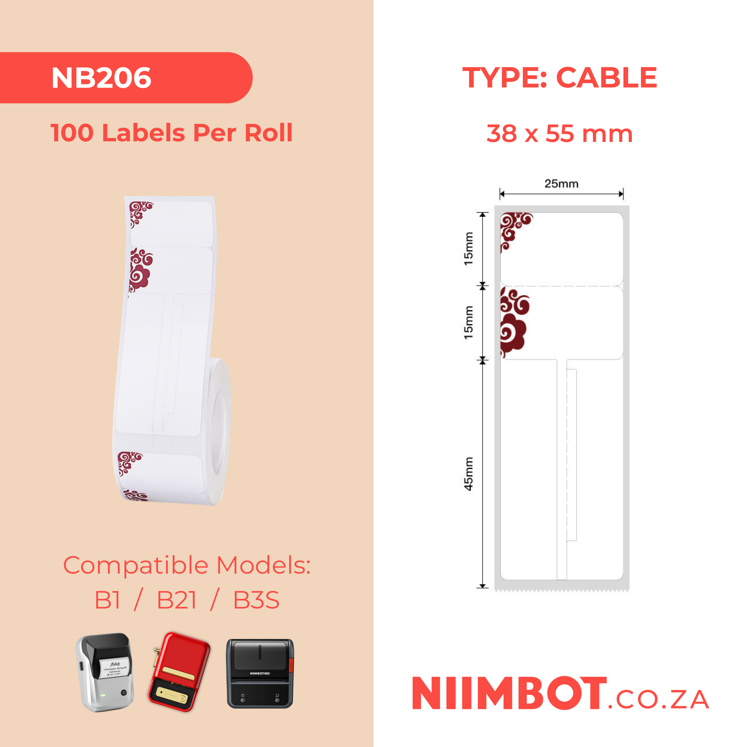 NB206 - NIIMBOT - B1 / B21 / B3S - R02T - 25*75MM (25*30+45) - 100 LABELS PER ROLL - DEEP RED DESIGN