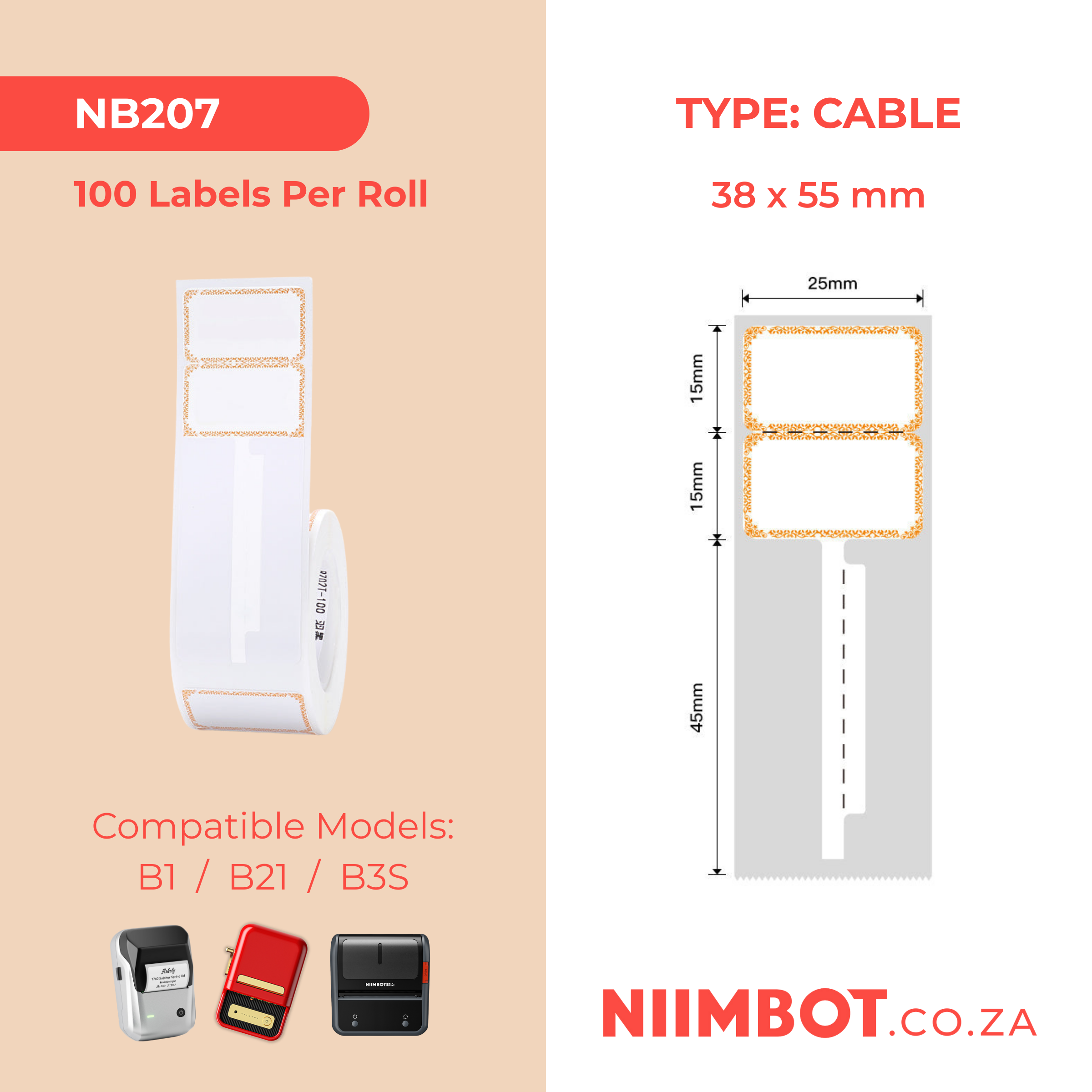 NB207 - NIIMBOT - B1 / B21 / B3S - R02T - 25*75MM (25*30+45) - 100 LABELS PER ROLL - ORANGE INK DESIGN