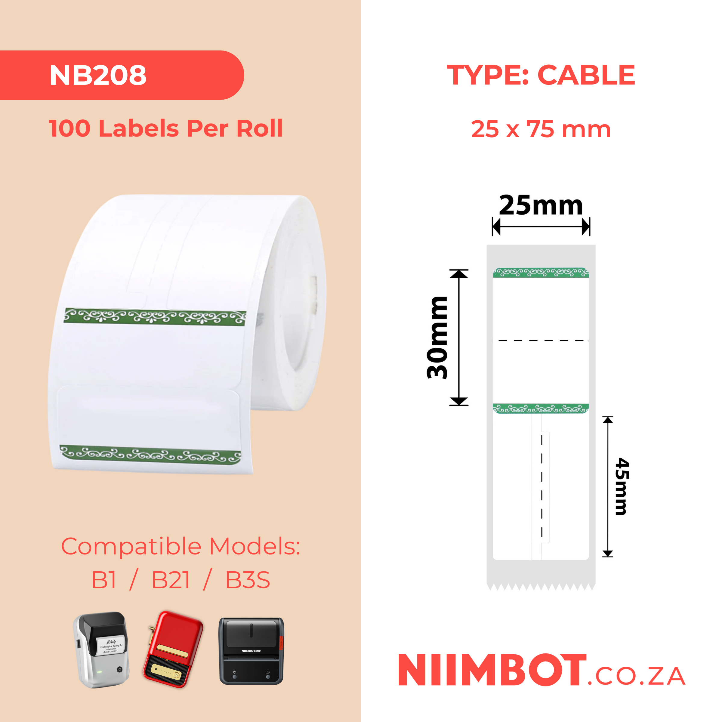 NB208 - NIIMBOT - B1 / B21 / B3S - 25*30+45MM - RING - 100 LABELS PER ROLL - GREEN BORDER DESIGN