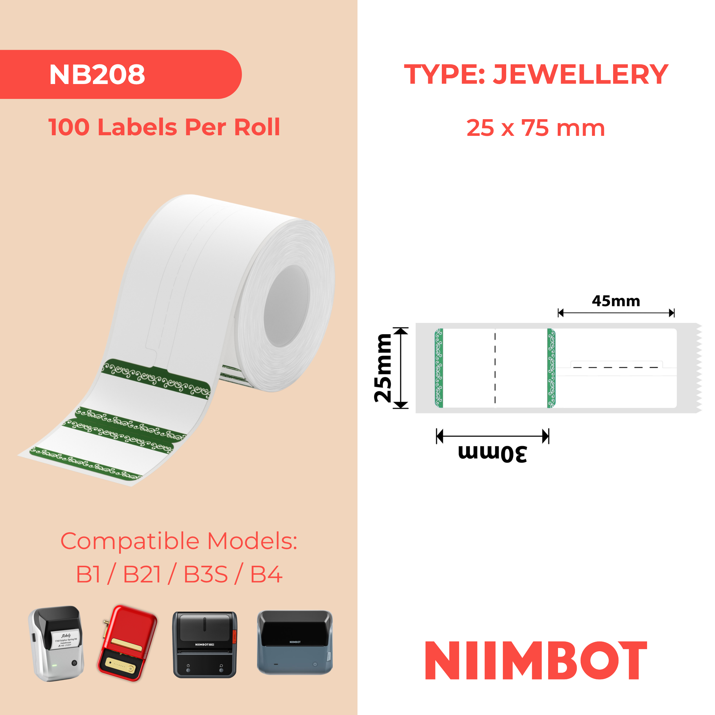 NB208 - NIIMBOT - B1 / B21 / B3S - 25*30+45MM - RING - 100 ETIKETTE PER ROL - GROEN RANDONTWERP