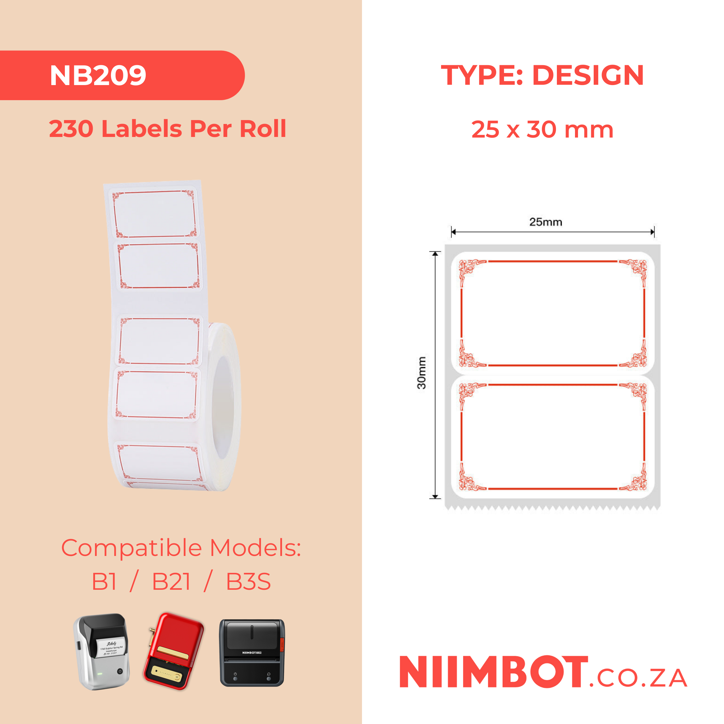 NB209 - NIIMBOT - B1 / B21 / B3S - 25*30MM - 230 LABELS PER ROLL - LIGHT RED DESIGN