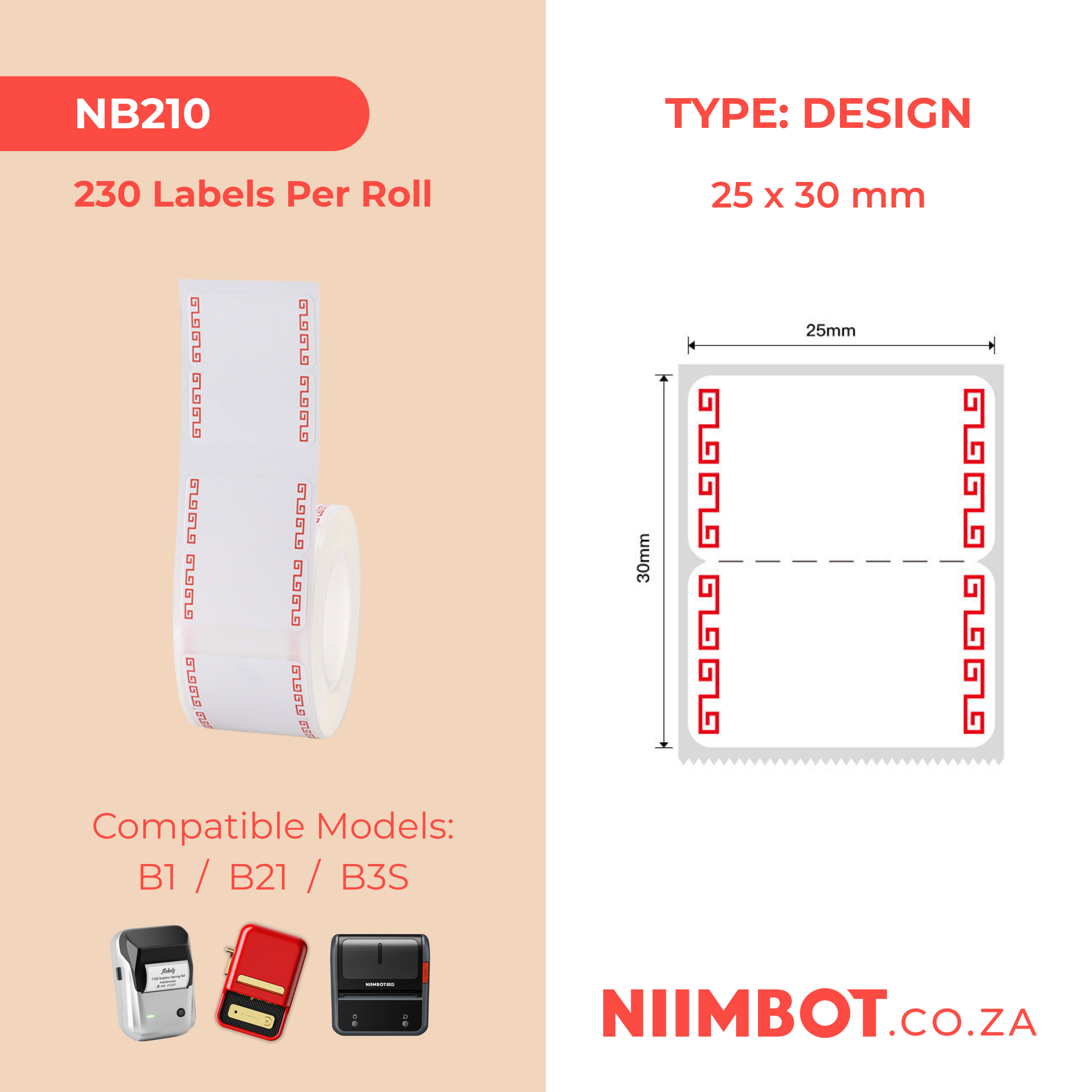 NB210 - NIIMBOT - B1 / B21 / B3S - 25*30MM - 230 LABELS PER ROLL - DEEP RED DESIGN