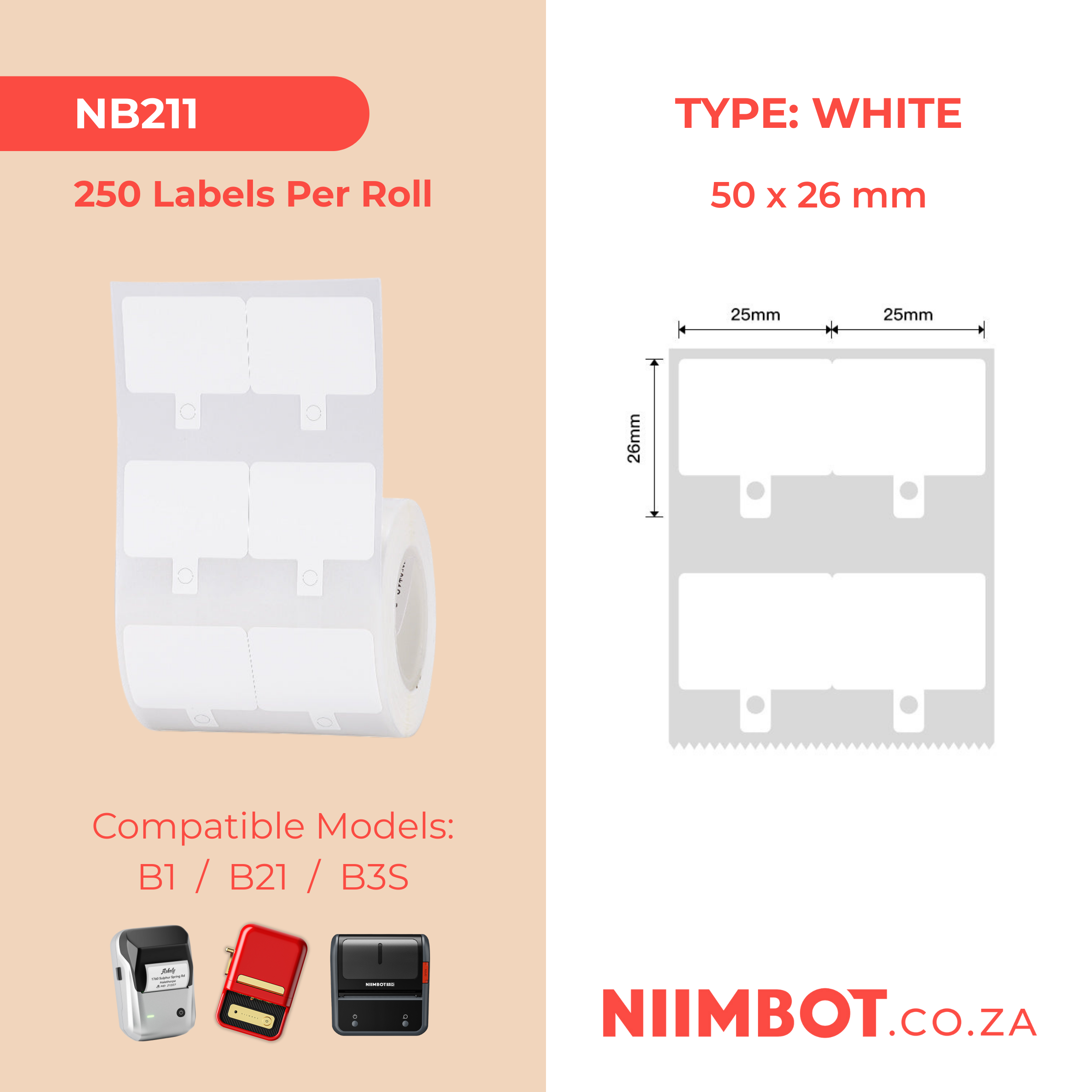 NB211 - NIIMBOT - B1 / B21 / B3S - 50*26MM - 250 LABELS PER ROLL - WHITE WITH HOLE