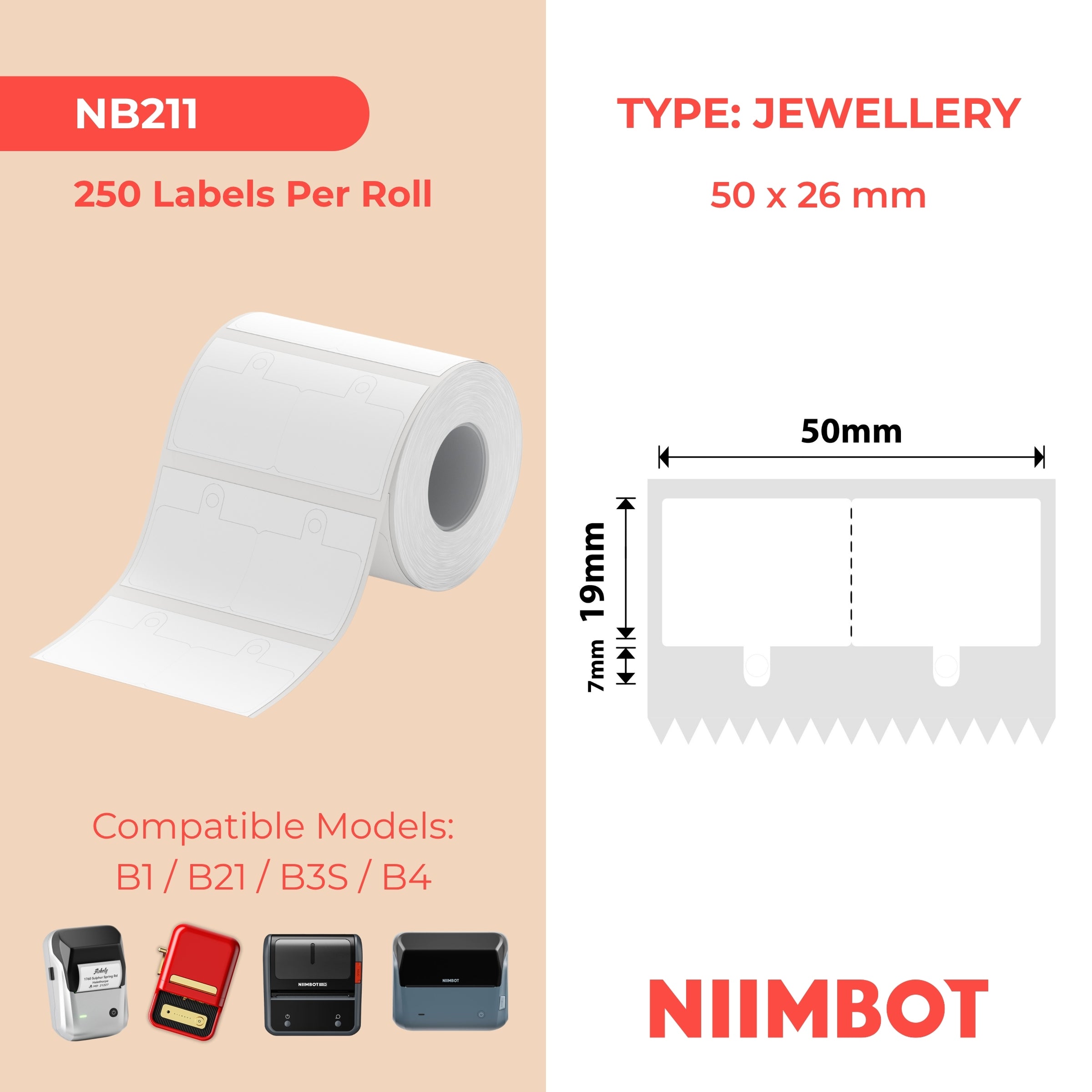 NB211 - NIIMBOT - B1 / B21 / B3S - 50*26MM - 250 ETIKETTE PER ROL - WIT MET GAT