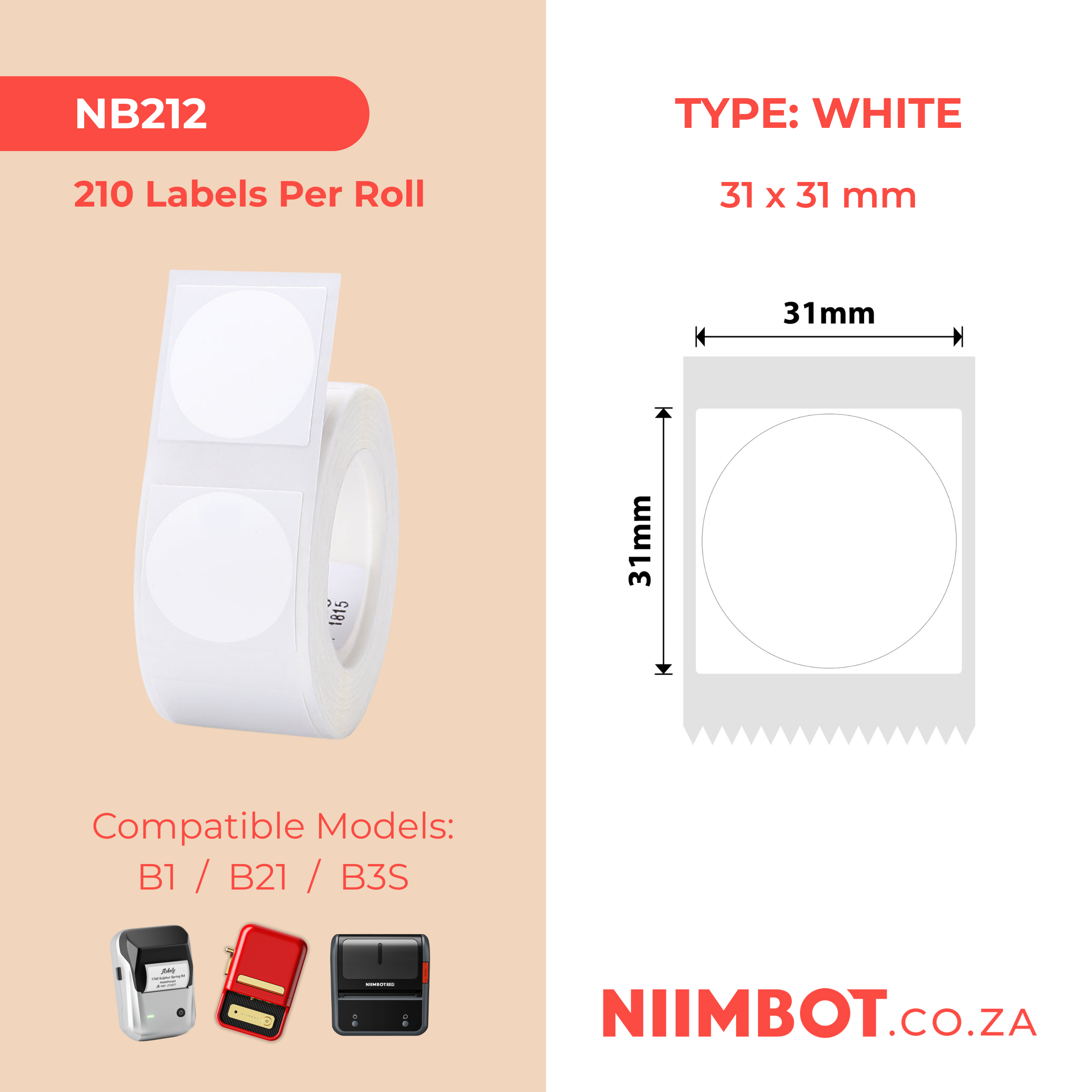 NB212 - NIIMBOT - B1 / B21 / B3S - 31*31MM - ROUND - 210 LABELS PER ROLL - WHITE