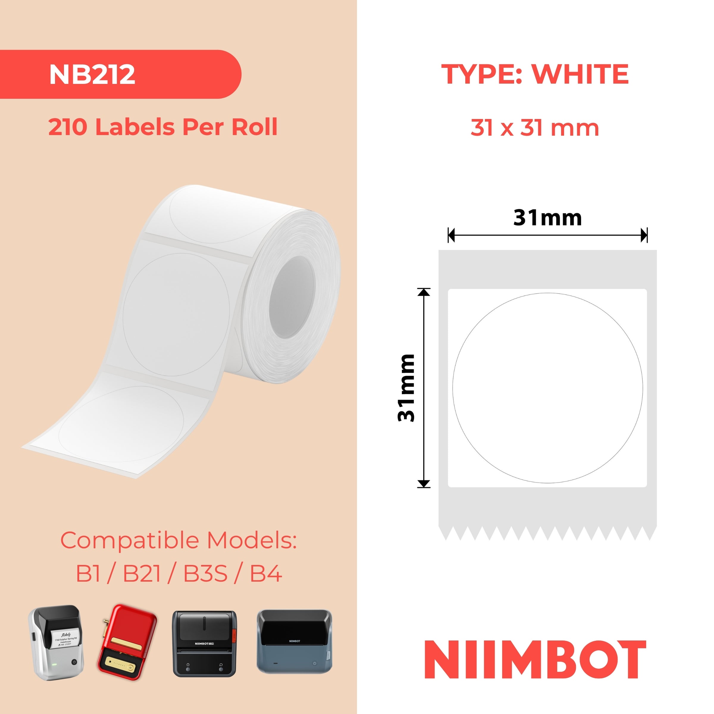 NB212 - NIIMBOT - B1 / B21 / B3S - 31*31MM - ROND - 210 ETIKETTE PER ROL - WIT