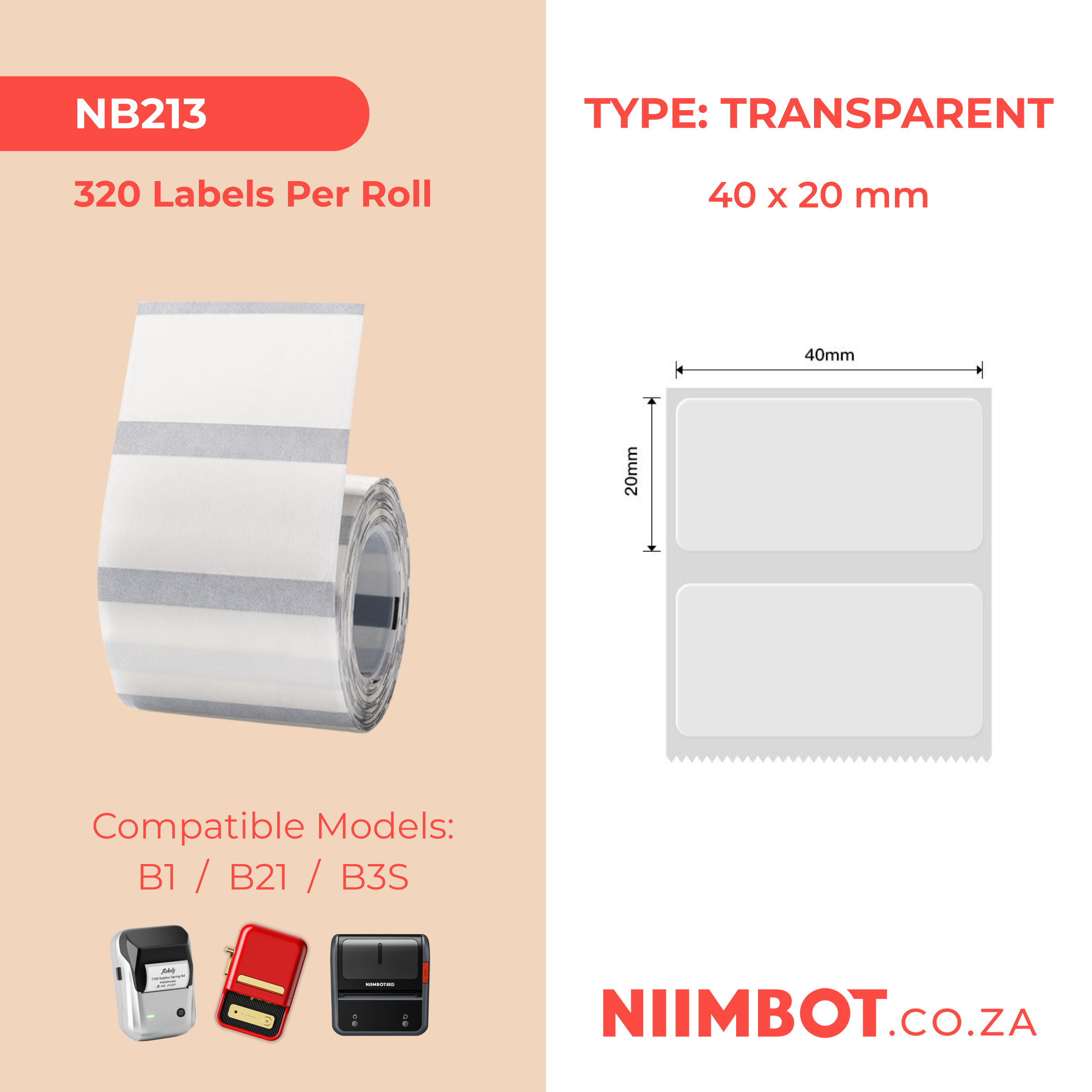 NB213 - NIIMBOT - B1 / B21 / B3S - T40*20MM - 320 LABELS PER ROLL - TRANSPARENT