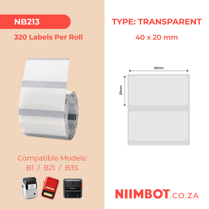 NB213 - NIIMBOT - B1 / B21 / B3S - T40*20MM - 320 LABELS PER ROLL - TRANSPARENT
