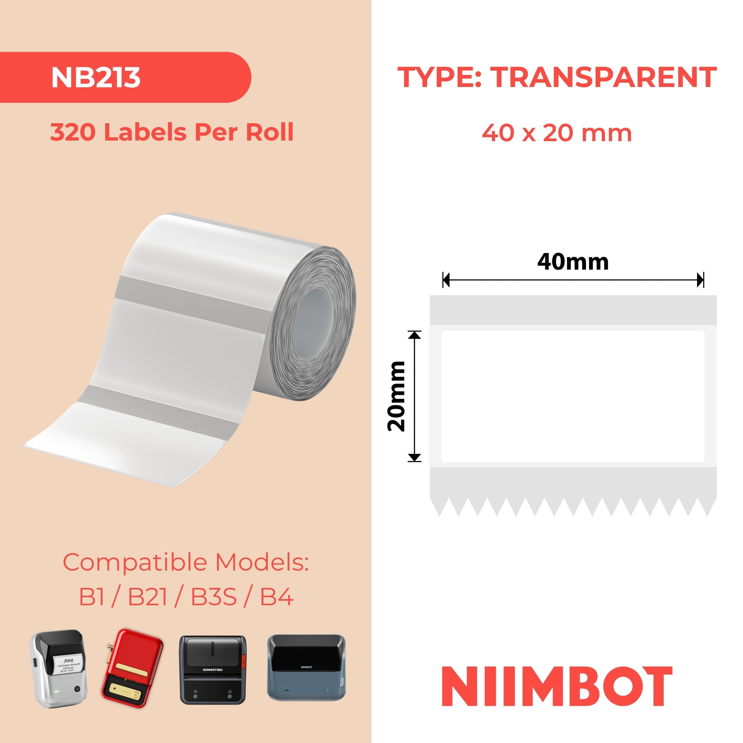 NB213 - NIIMBOT - B1 / B21 / B3S - T40*20MM - 320 ETIKETTE PER ROL - DEURSIGTIG 