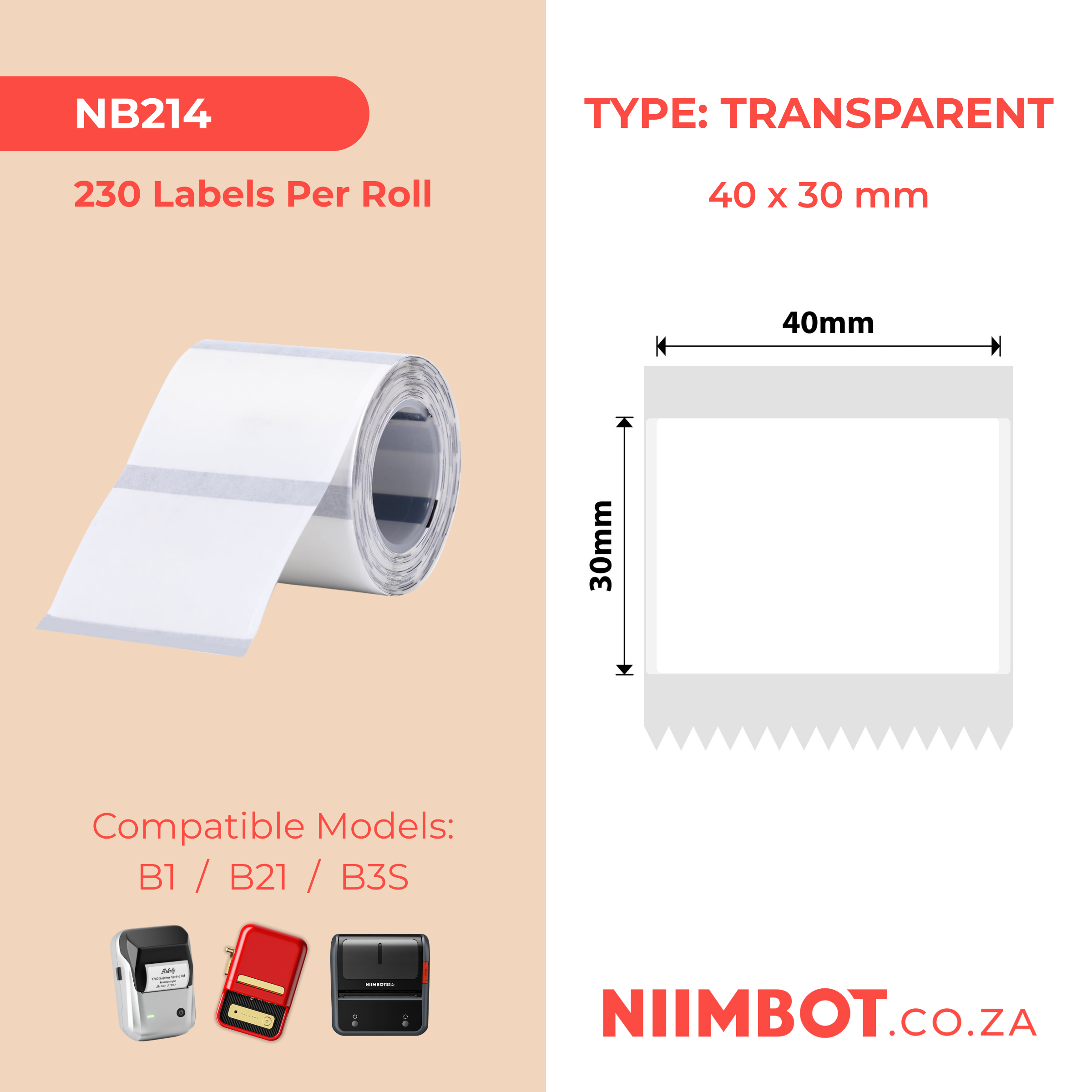 NB214 - NIIMBOT - B1 / B21 / B3S - TT40*30MM - 230 LABELS PER ROLL - TRANSPARENT