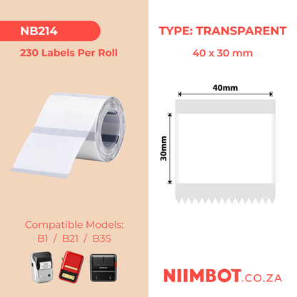 NB214 - NIIMBOT - B1 / B21 / B3S - TT40*30MM - 230 LABELS PER ROLL - TRANSPARENT