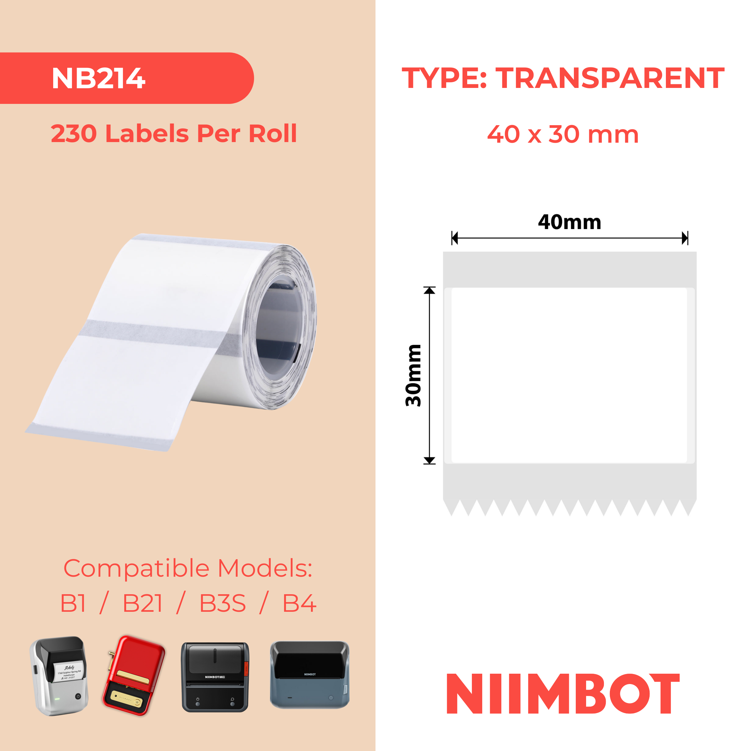 NB214 - NIIMBOT - B1 / B21 / B3S / B4 - TT40X30MM - 230 LABELS PER ROLL - TRANSPARENT