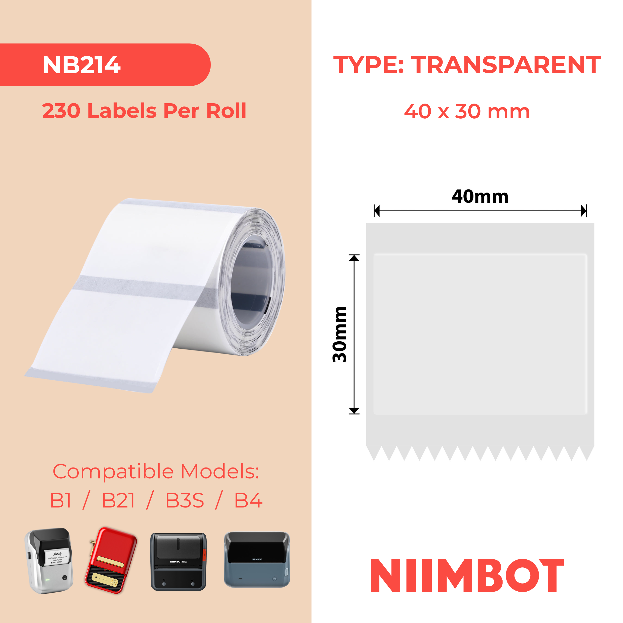 I-NB214 - NIIMBOT - B1 / B21 / B3S - TT40*30MM - 230 AMALEBO NGOKUGQIBELA NGAMUNYE - ANGABONAKALI 