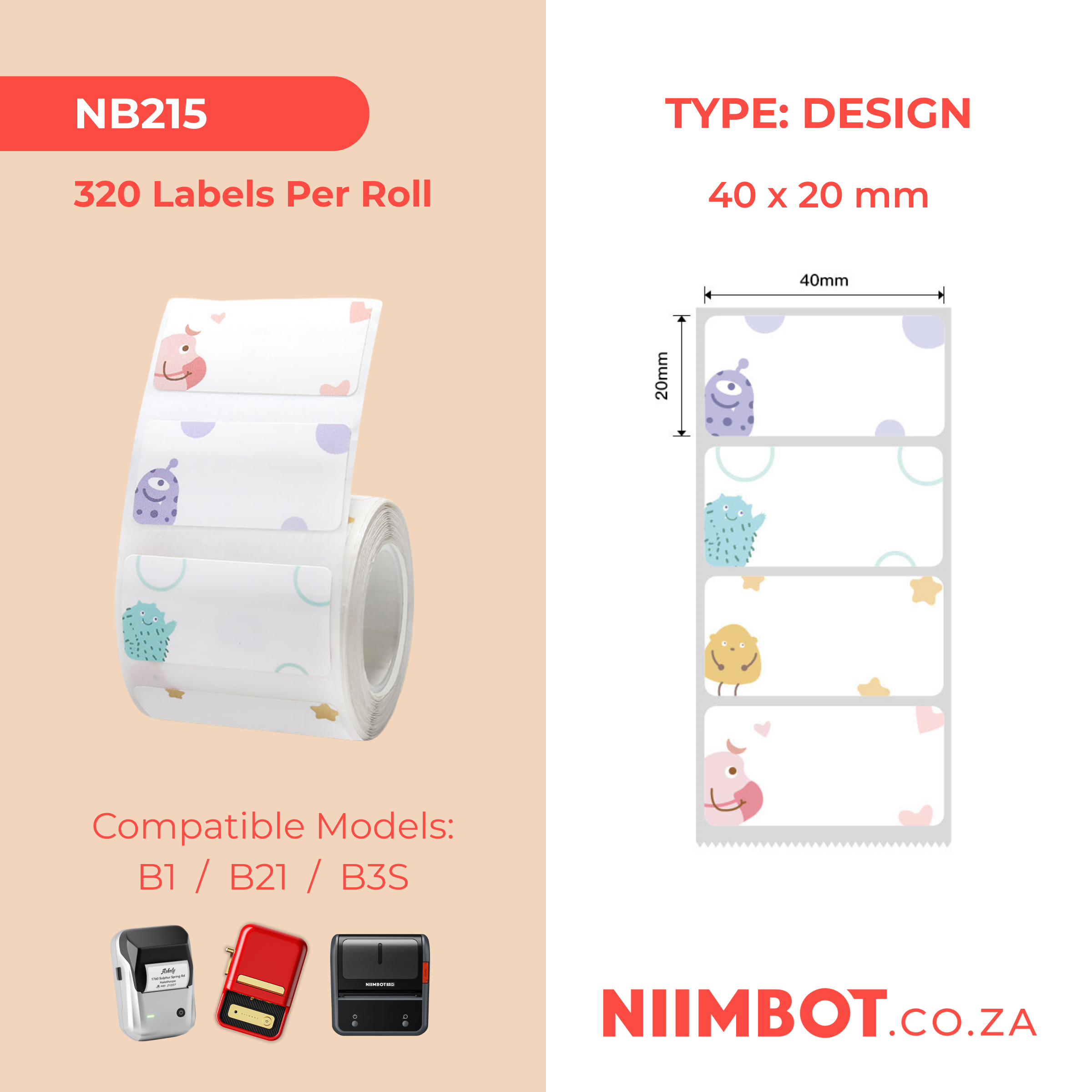 NB215 - NIIMBOT - B1 / B21 / B3S - T40*20MM - 320 LABELS PER ROLL - MONSTER DESIGN