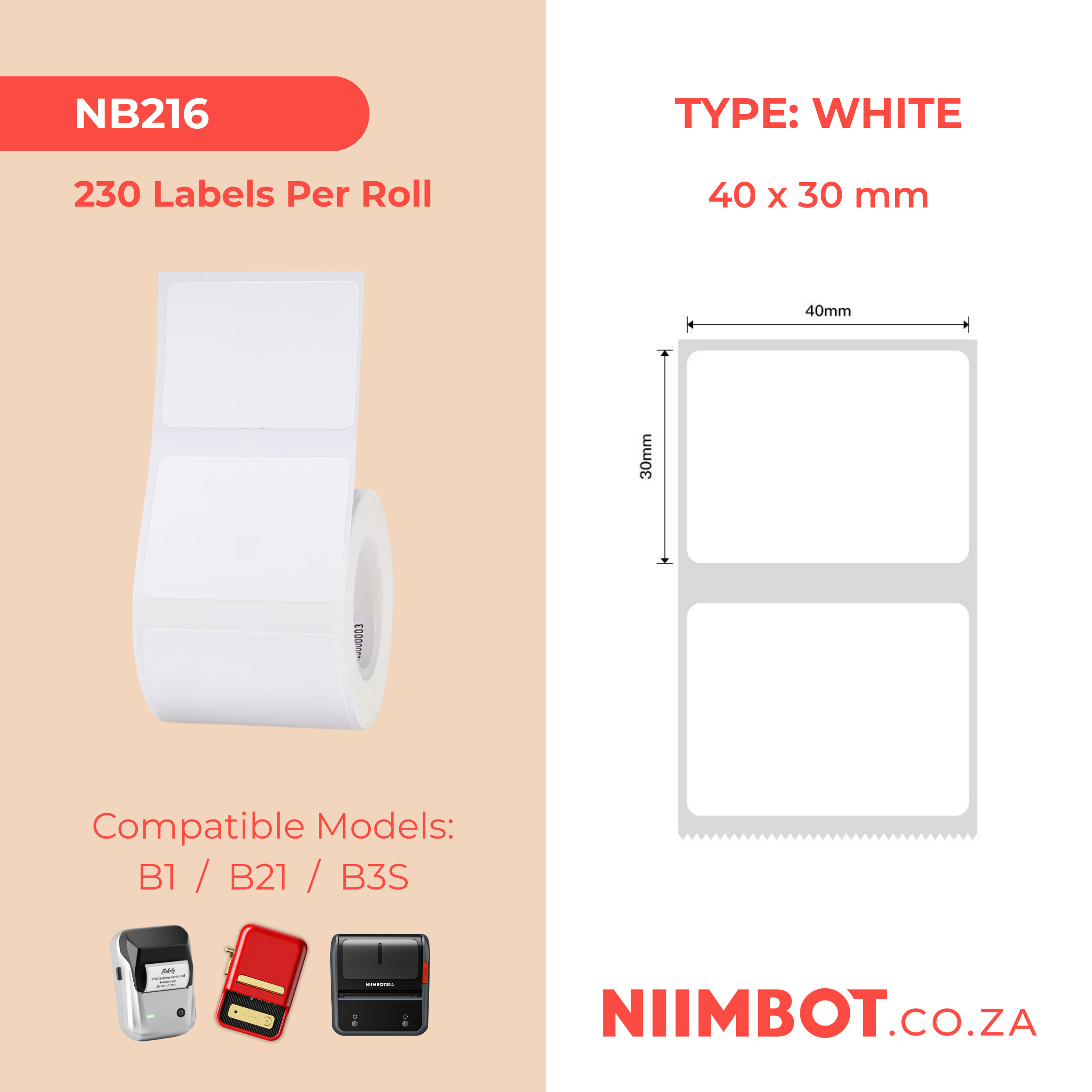 NB216 - NIIMBOT - B1 / B21 / B3S - 40*30MM - 230 LABELS PER ROLL - WHITE