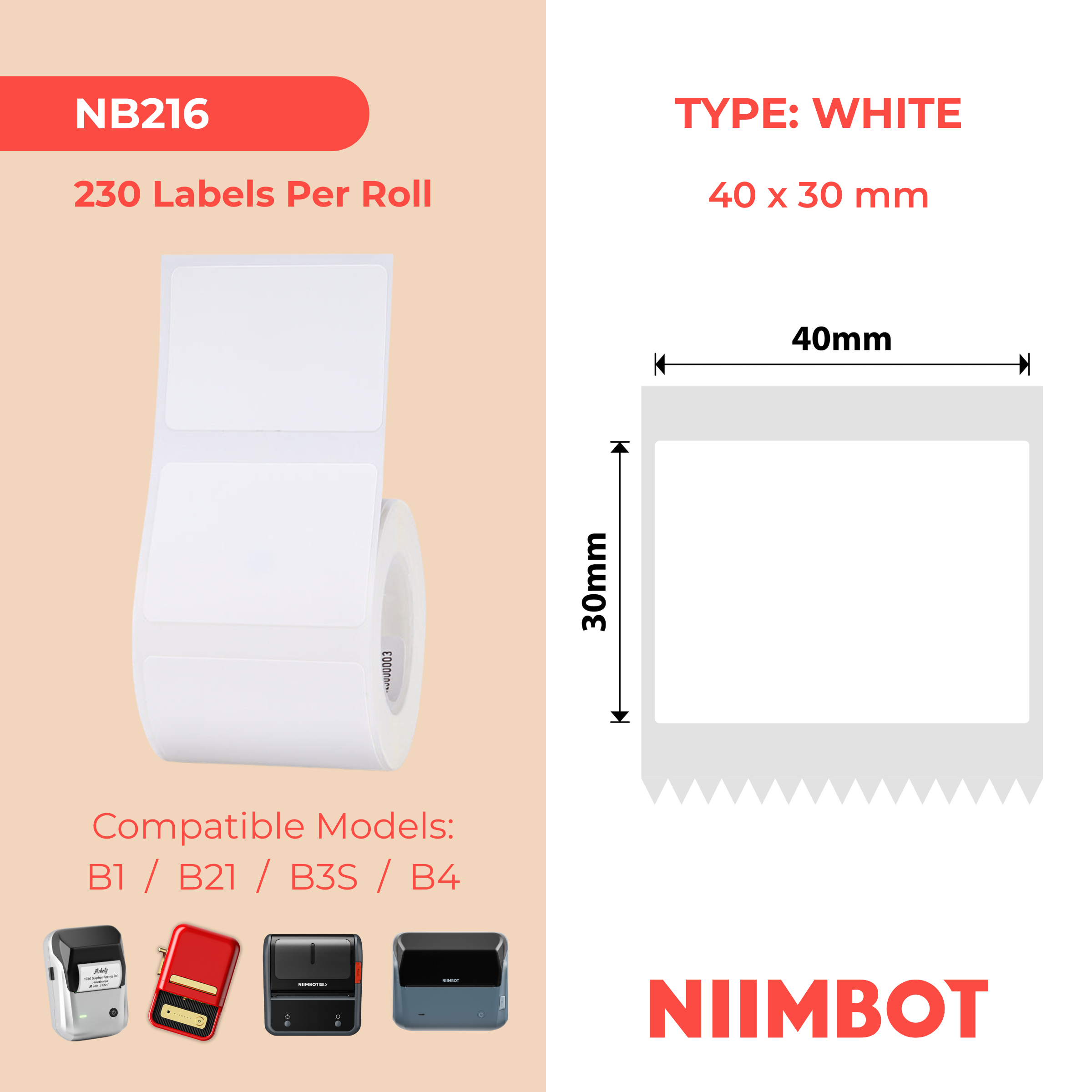 NB216 - NIIMBOT - B1 / B21 / B3S / B4 - 40X30MM - 230 WHITE LABELS