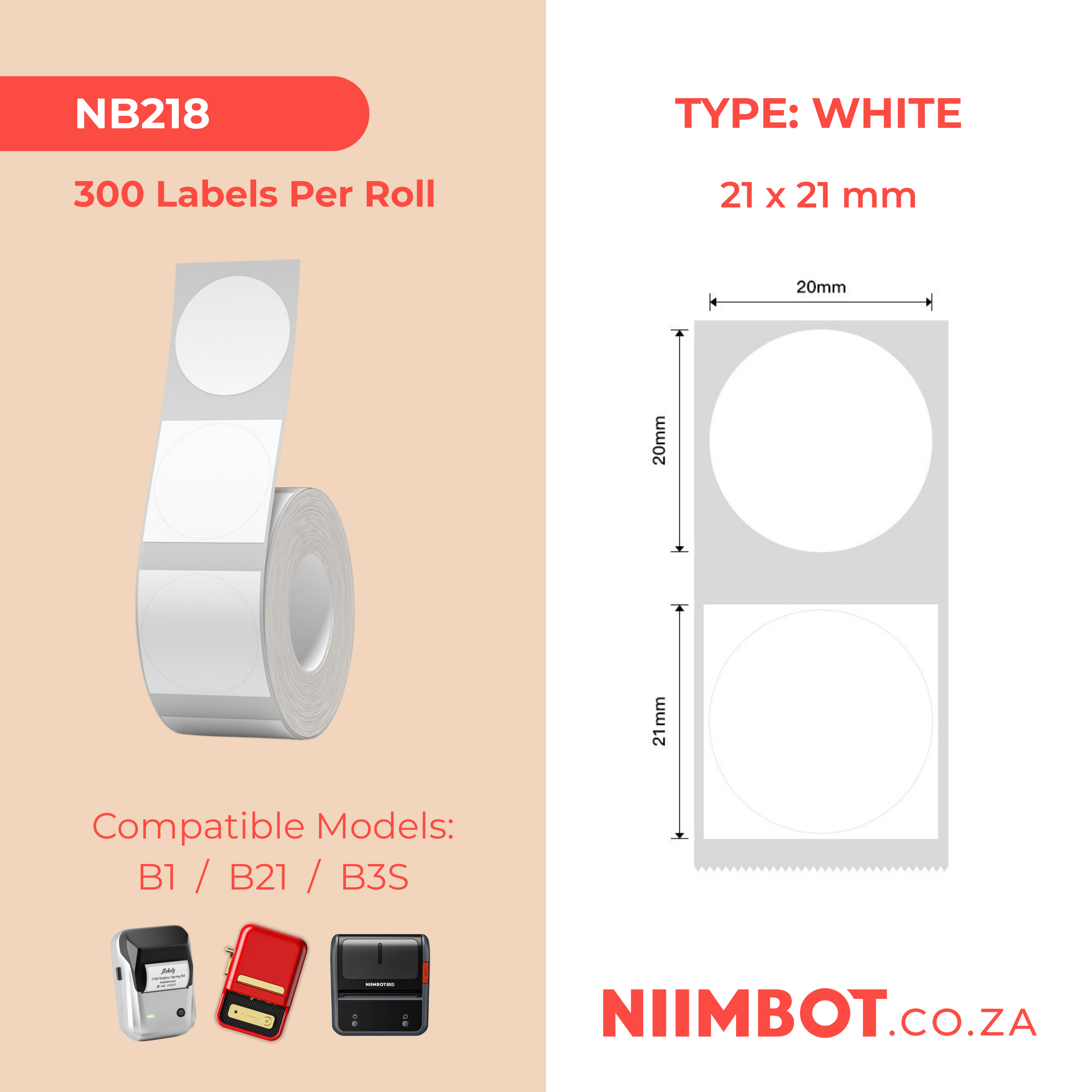 NB218 - NIIMBOT - B1 / B21 / B3S - 21*21MM - 300 LABELS PER ROLL - ROUND - WHITE