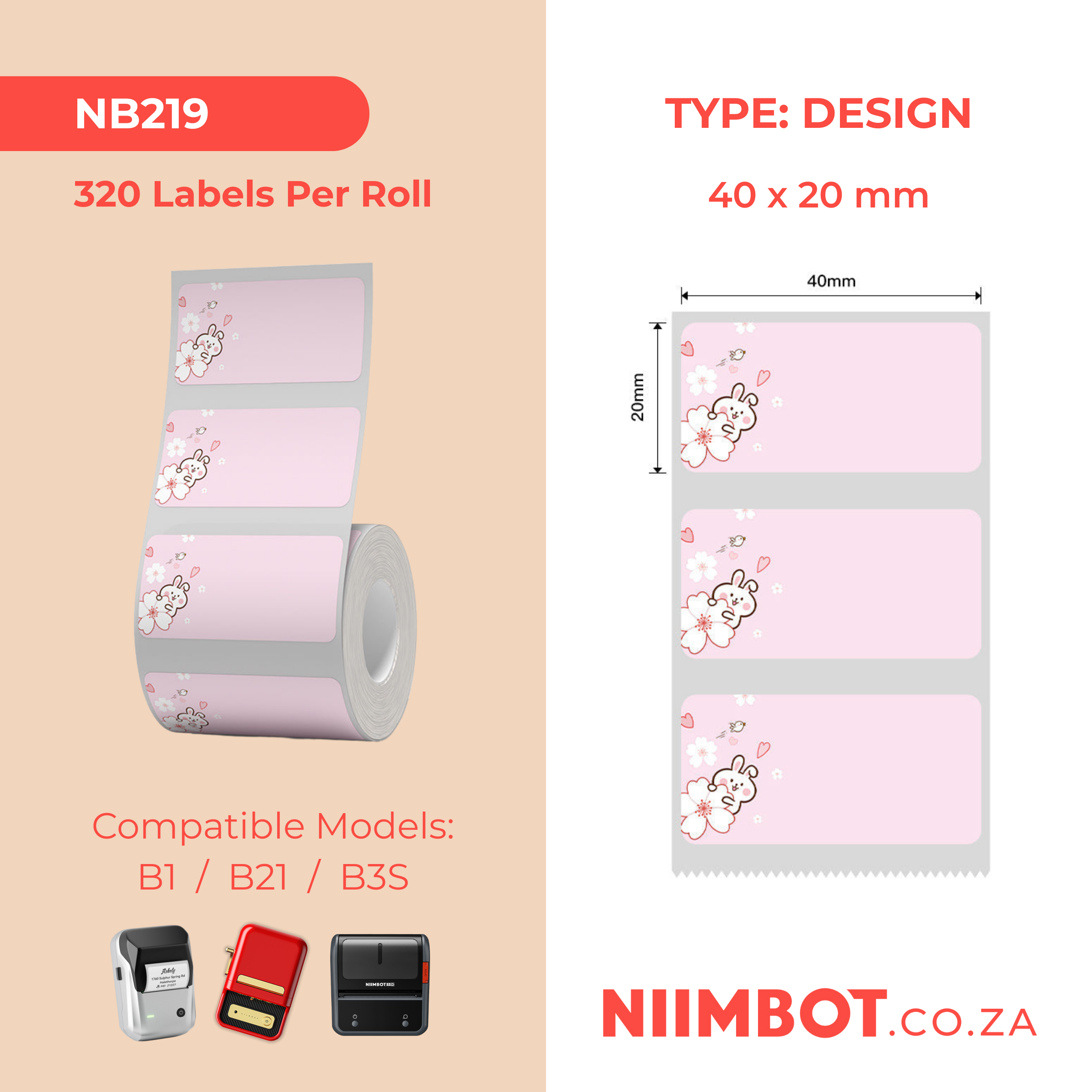 NB219 - NIIMBOT - B1 / B21 / B3S - 40*20MM - 320 THERMAL LABELS - PINK RABBIT DESIGN