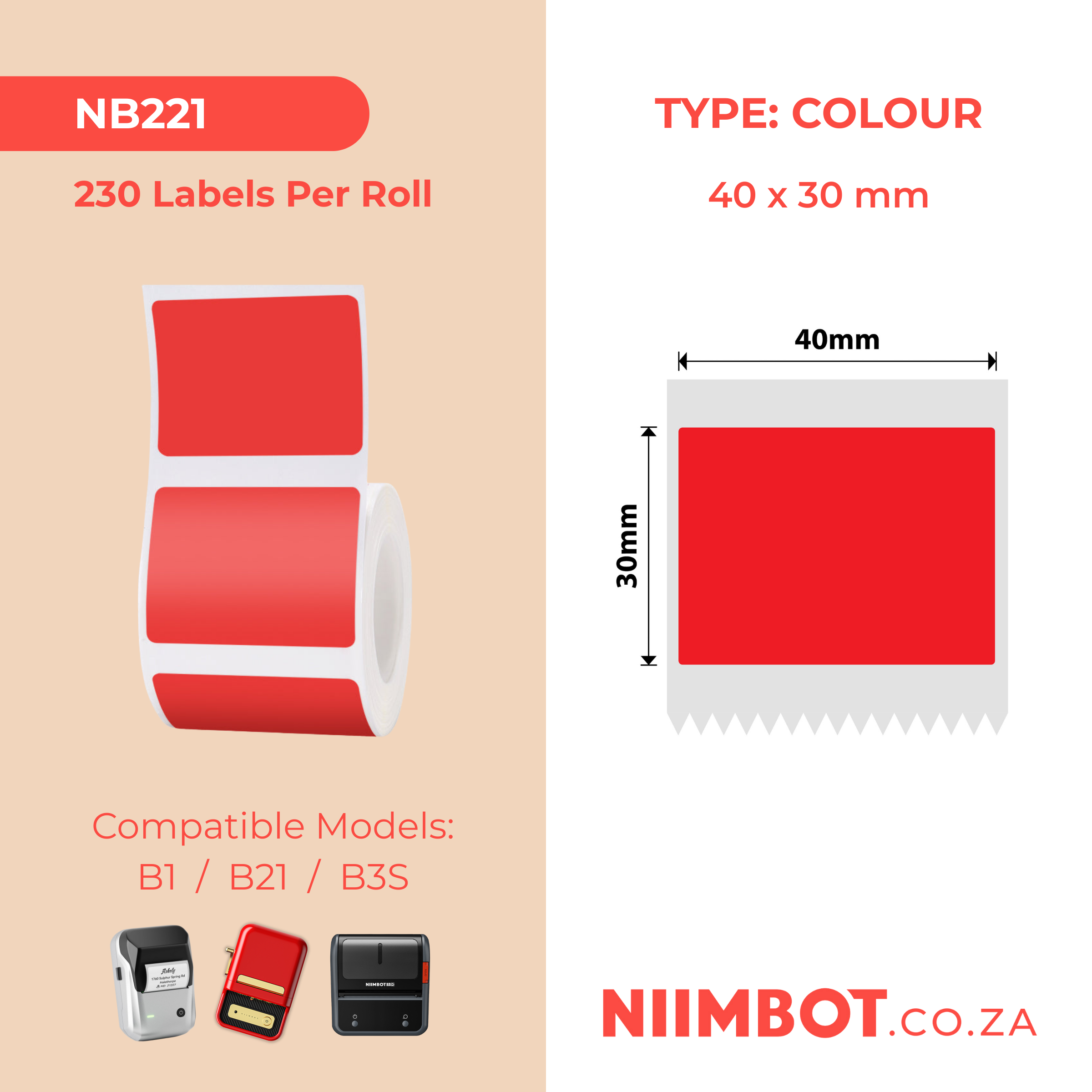 NB221 - NIIMBOT - B1 / B21 / B3S - T40*30MM - 230 LABELS PER ROLL - SOLID - RED