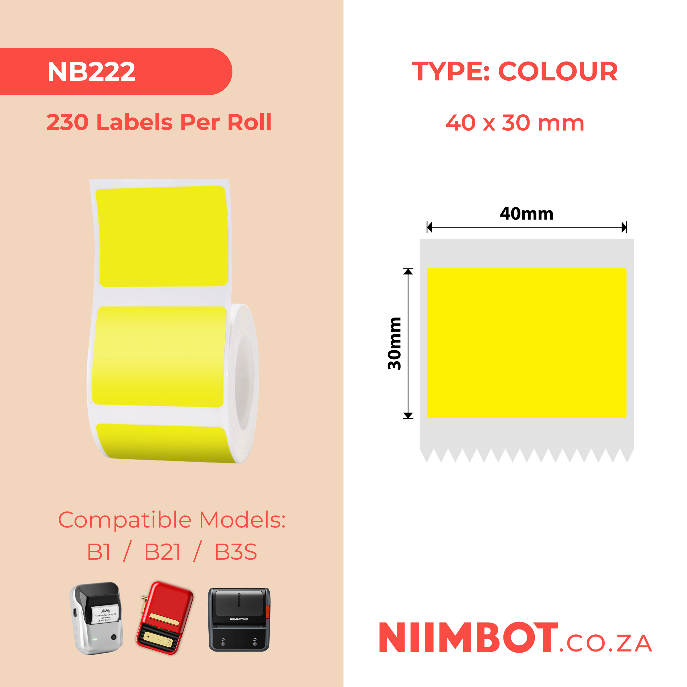 NB222 - NIIMBOT - B1 / B21 / B3S - 30*40MM - 230 LABELS PER ROLL - SOLID - YELLOW