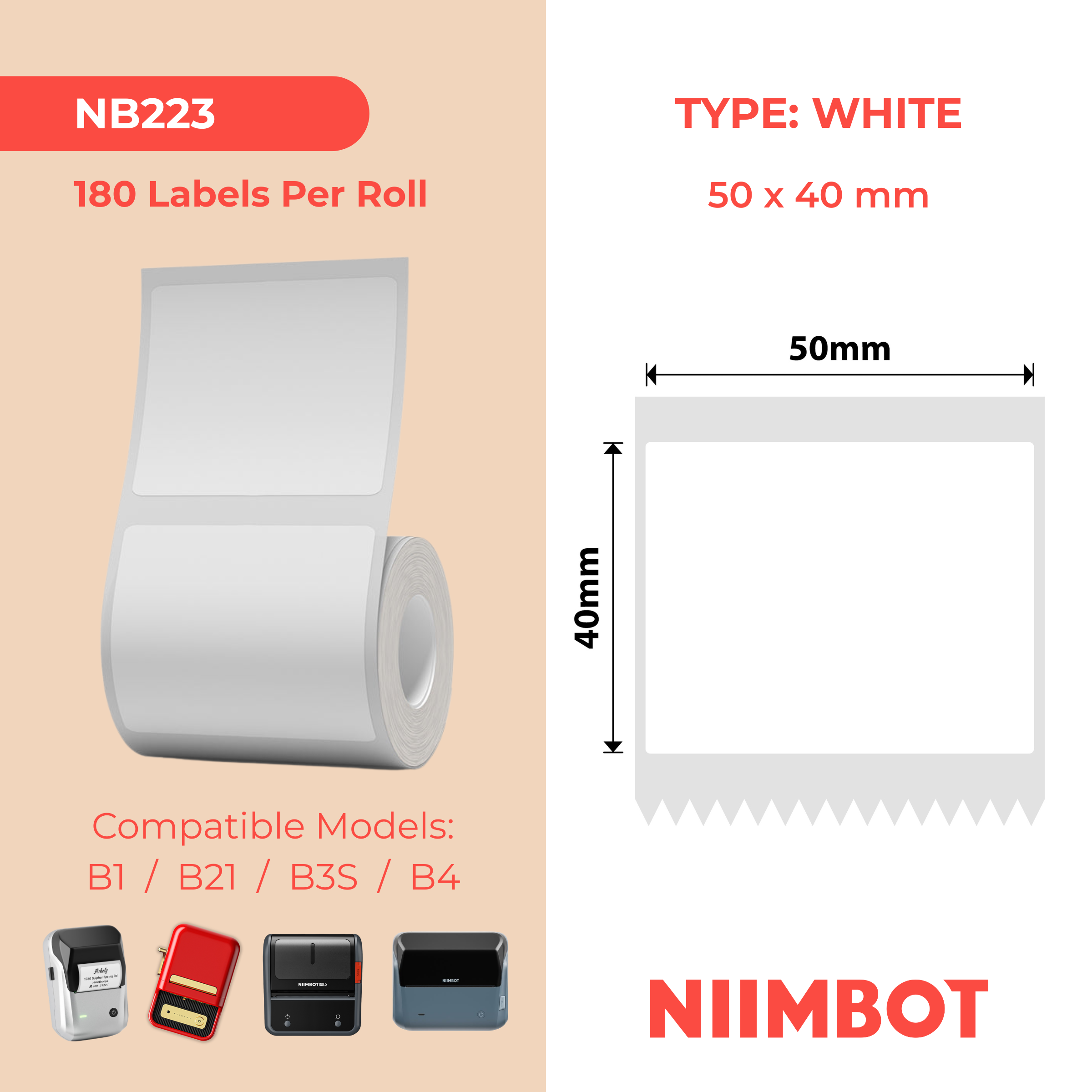 NB223 - Niimbot - B1 / B21 / B31 / B3S / B4 - 50x40mm - 180 White Labels