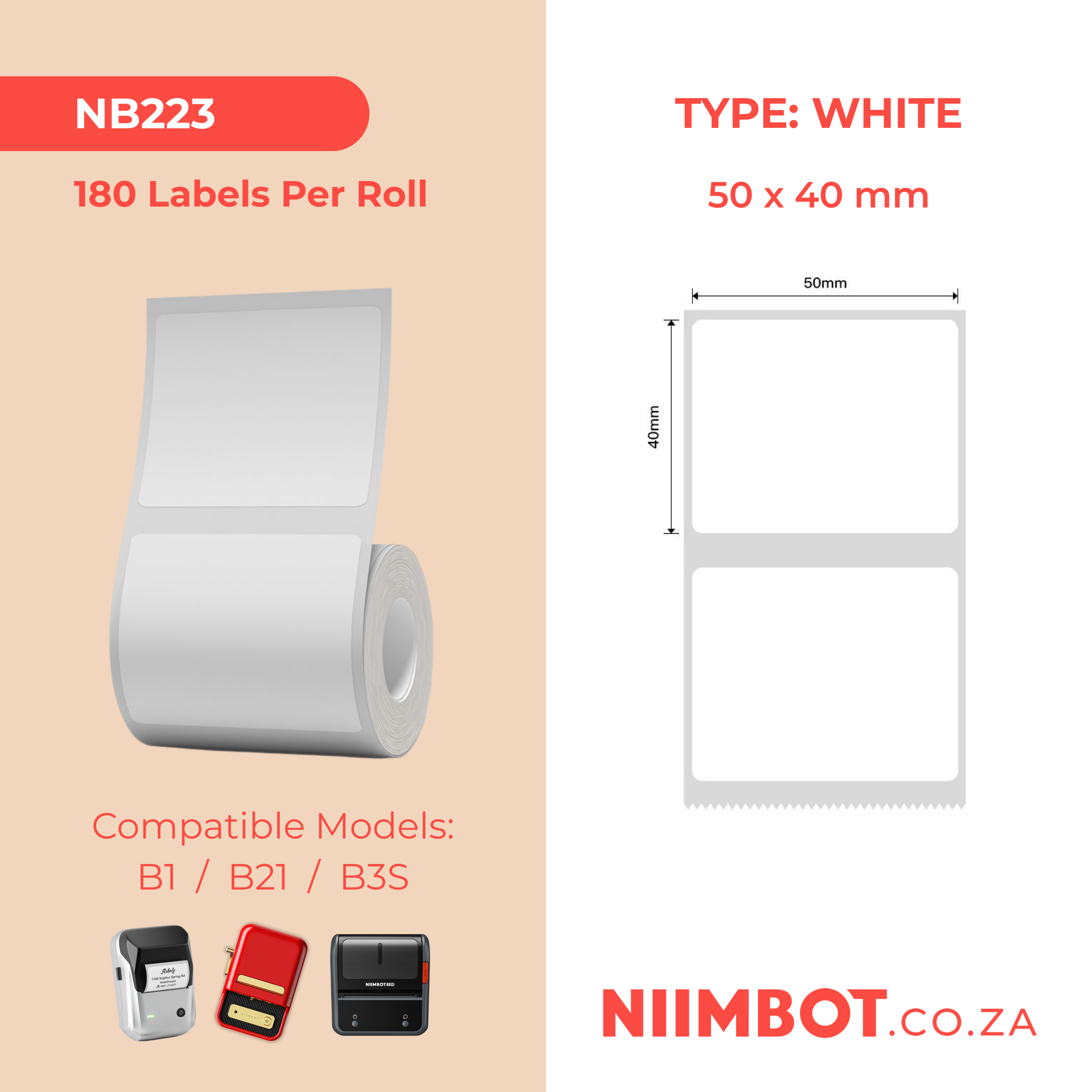 NB223 - NIIMBOT - B1 / B21 / B3S - 50*40MM - 180 LABELS PER ROLL - WHITE