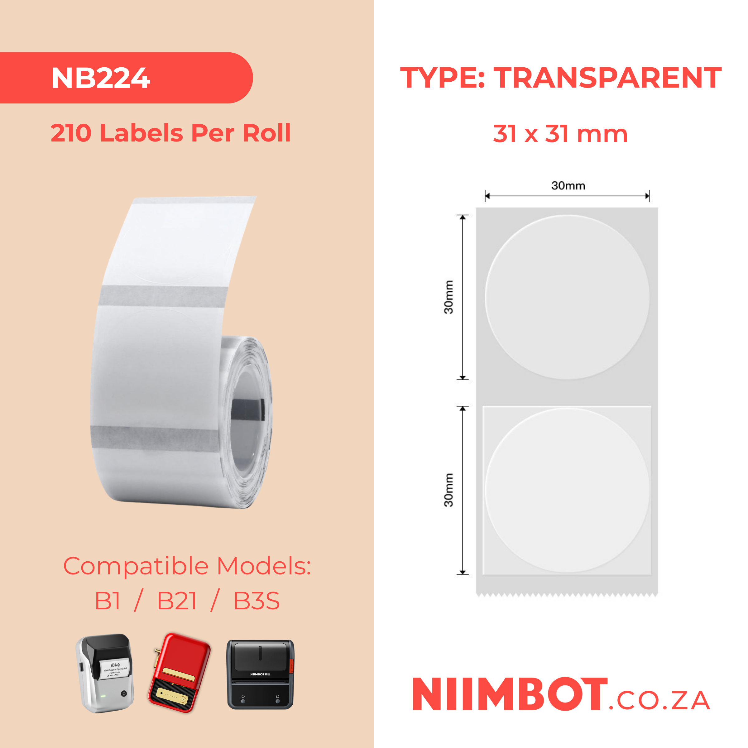 NB224 - NIIMBOT - B1 / B21 / B3S - TT31*31MM - 210 LABELS PER ROLL - ROUND - TRANSPARENT
