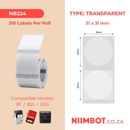 NB224 - NIIMBOT - B1 / B21 / B3S - TT31*31MM - 210 LABELS PER ROLL - ROUND - TRANSPARENT