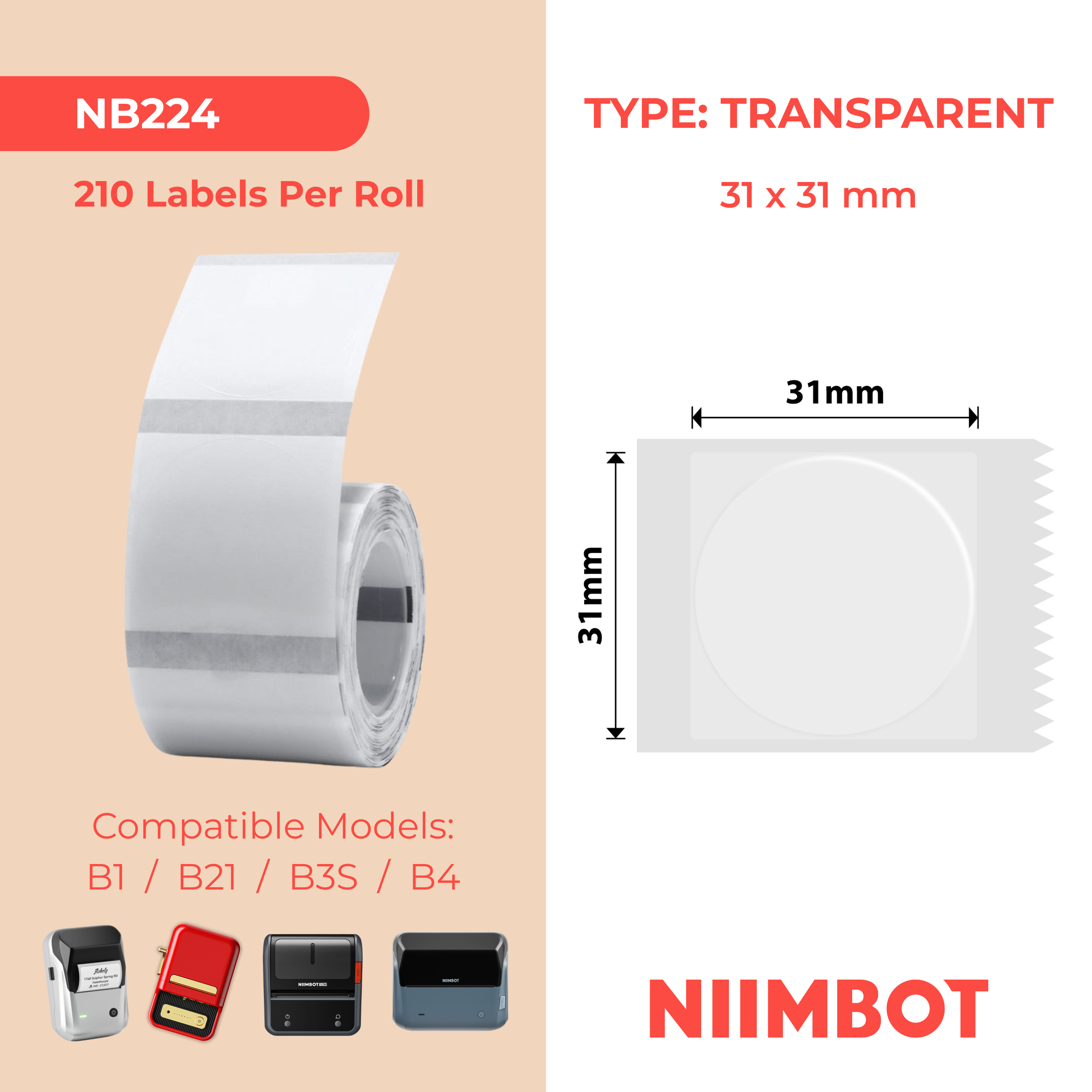 NB224 - NIIMBOT - B1 / B21 / B3S - TT31*31MM - 210 ETIKETTE PER ROL - ROND - DEURSIGTIG