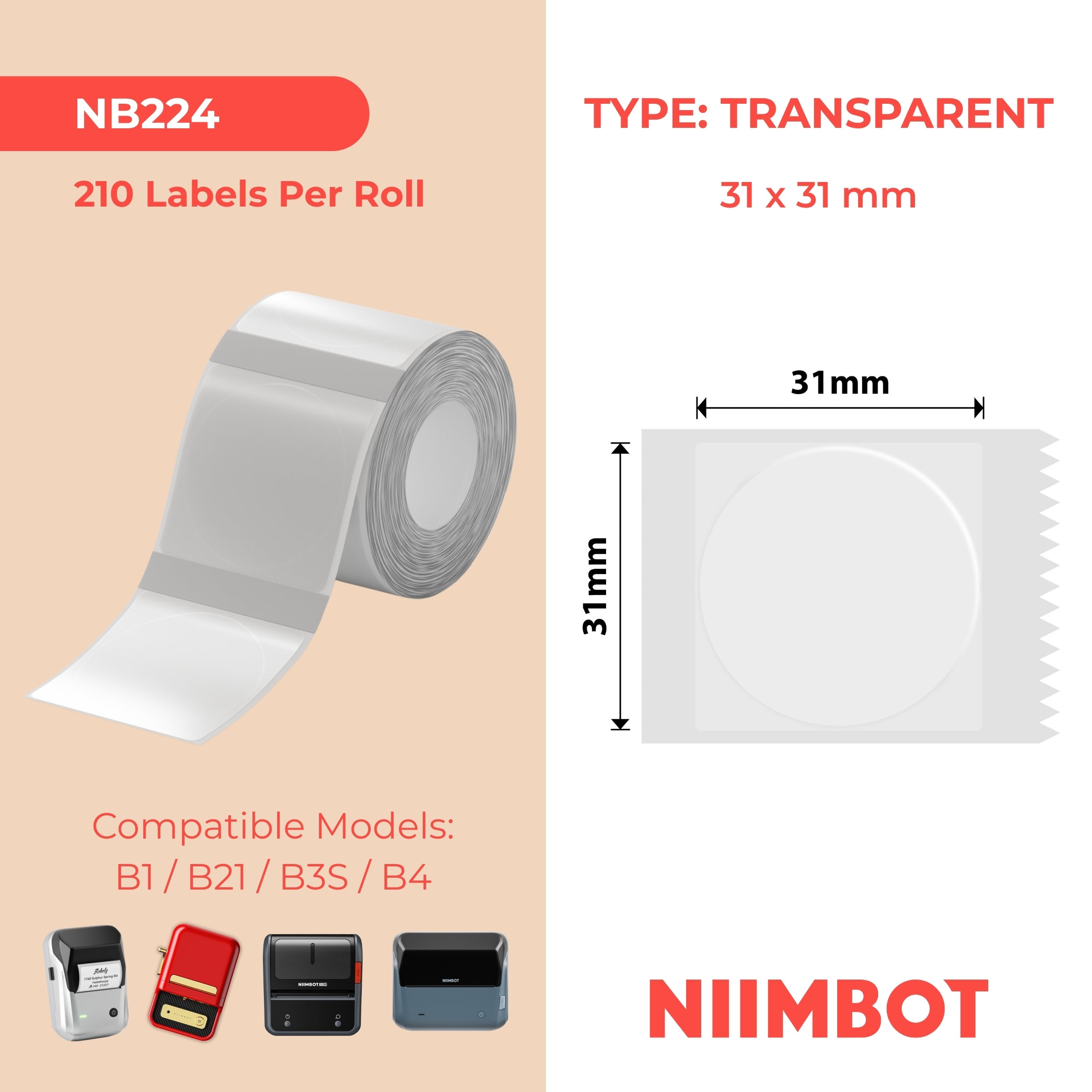 NIIMBOT - B Range - 31x31mm - Transparent Round - 210 Labels