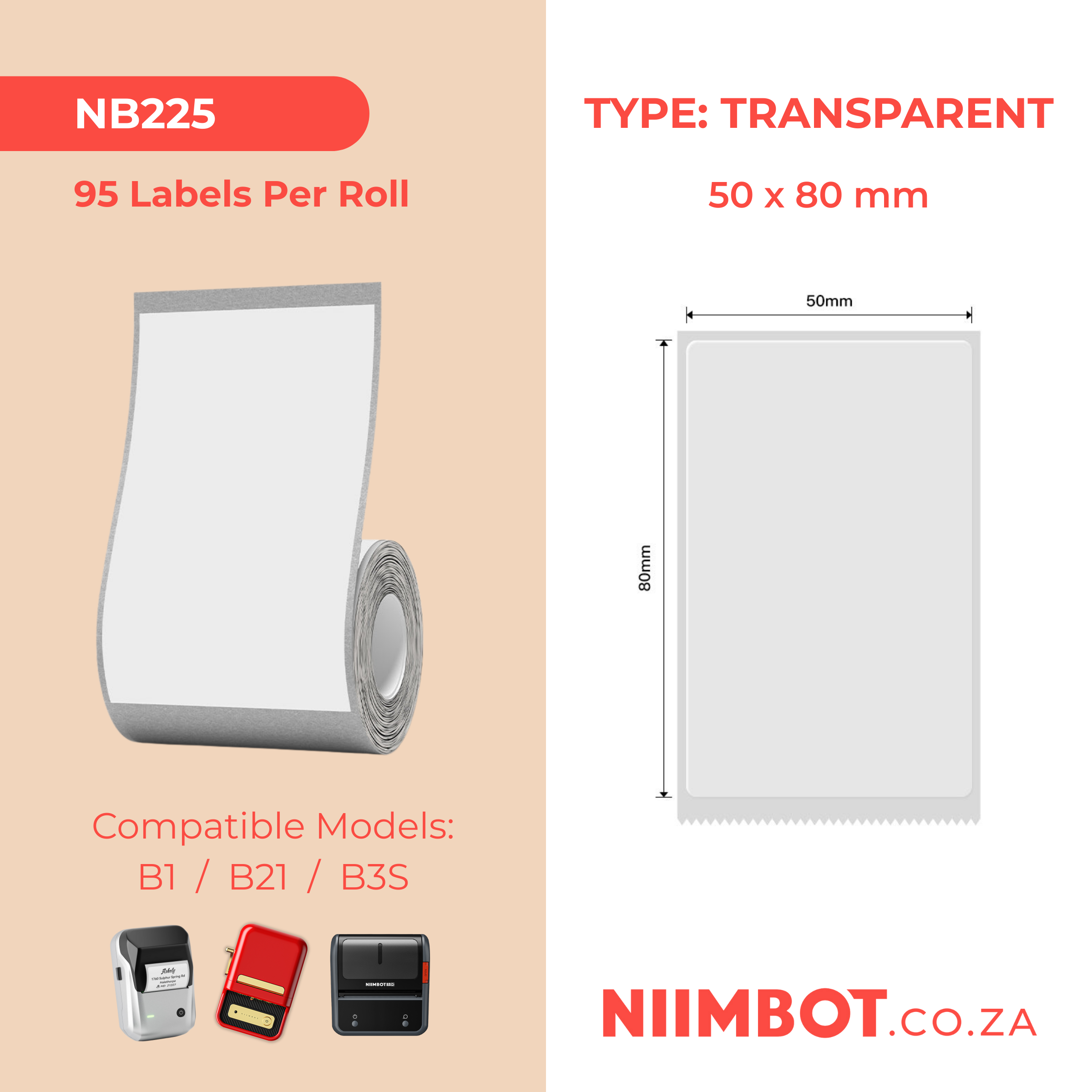 NB225 - NIIMBOT - B1 / B21 / B3S - TT50*80MM - 95 LABELS PER ROLL - TRANSPARENT