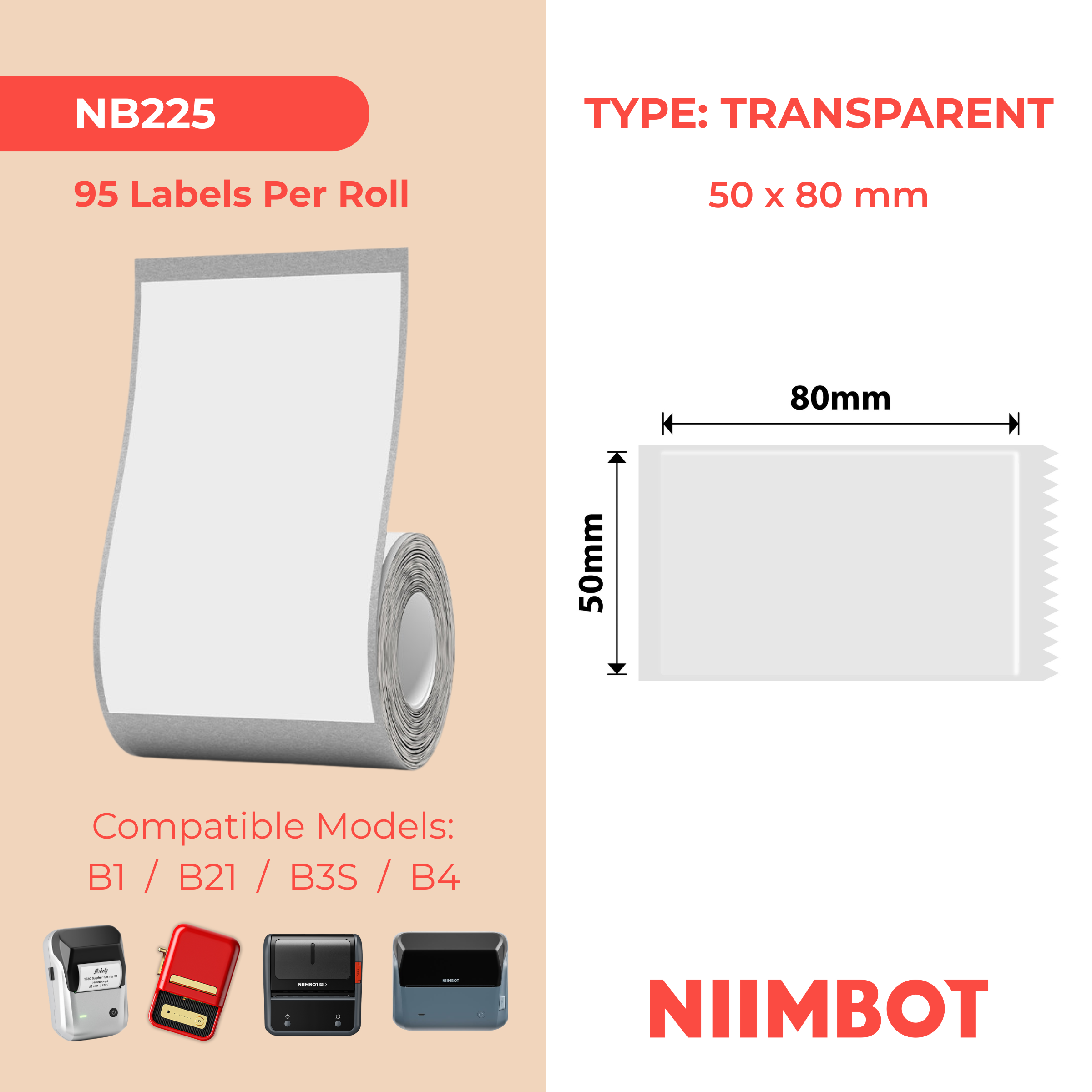 NB225 - NIIMBOT - B1 / B21 / B3S - TT50*80MM - 95 ETIKETTE PER ROL - DEURSIGTIG 