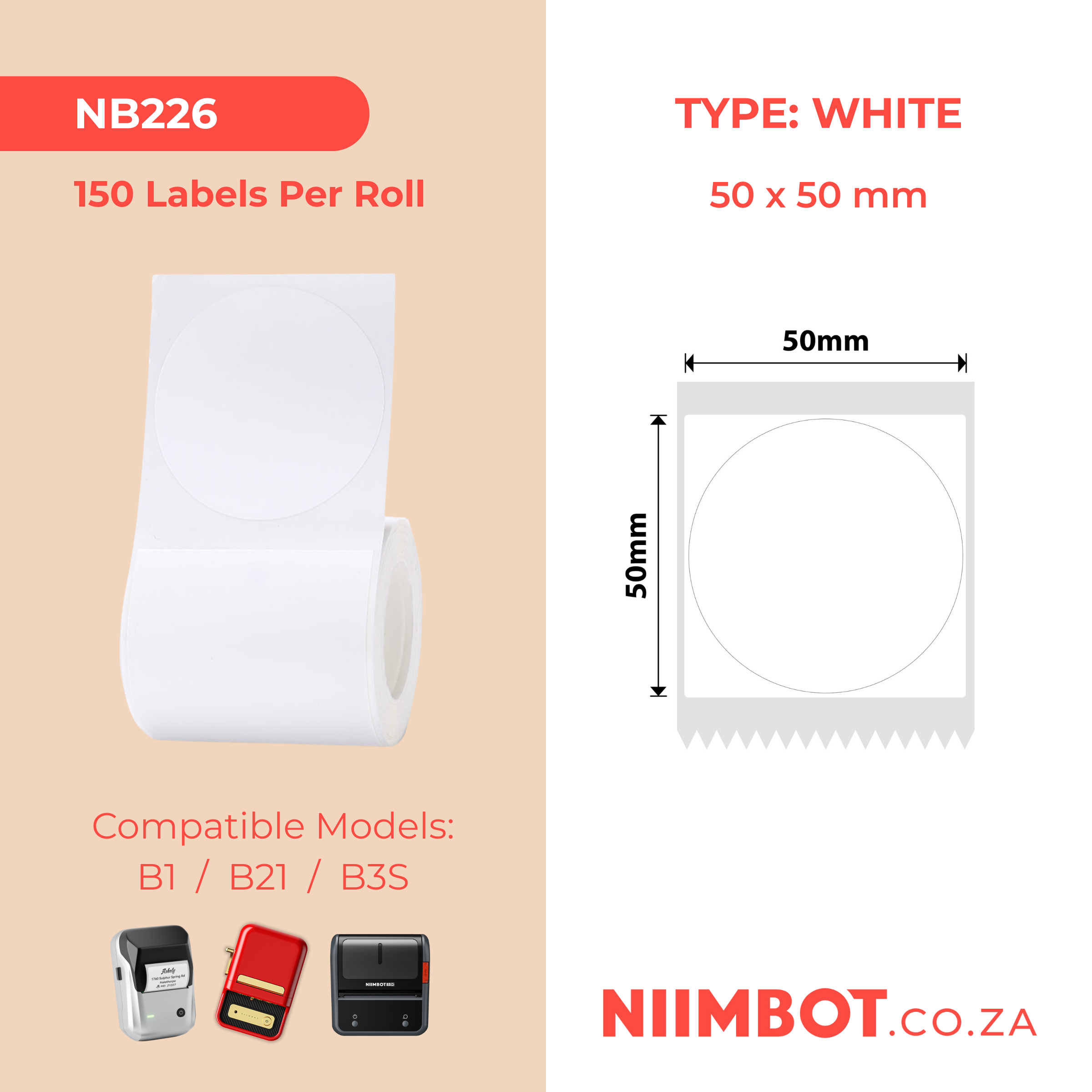 NB226 - NIIMBOT - B1 / B21 / B3S - T50*50MM - ROUND - 150 LABELS PER ROLL - WHITE