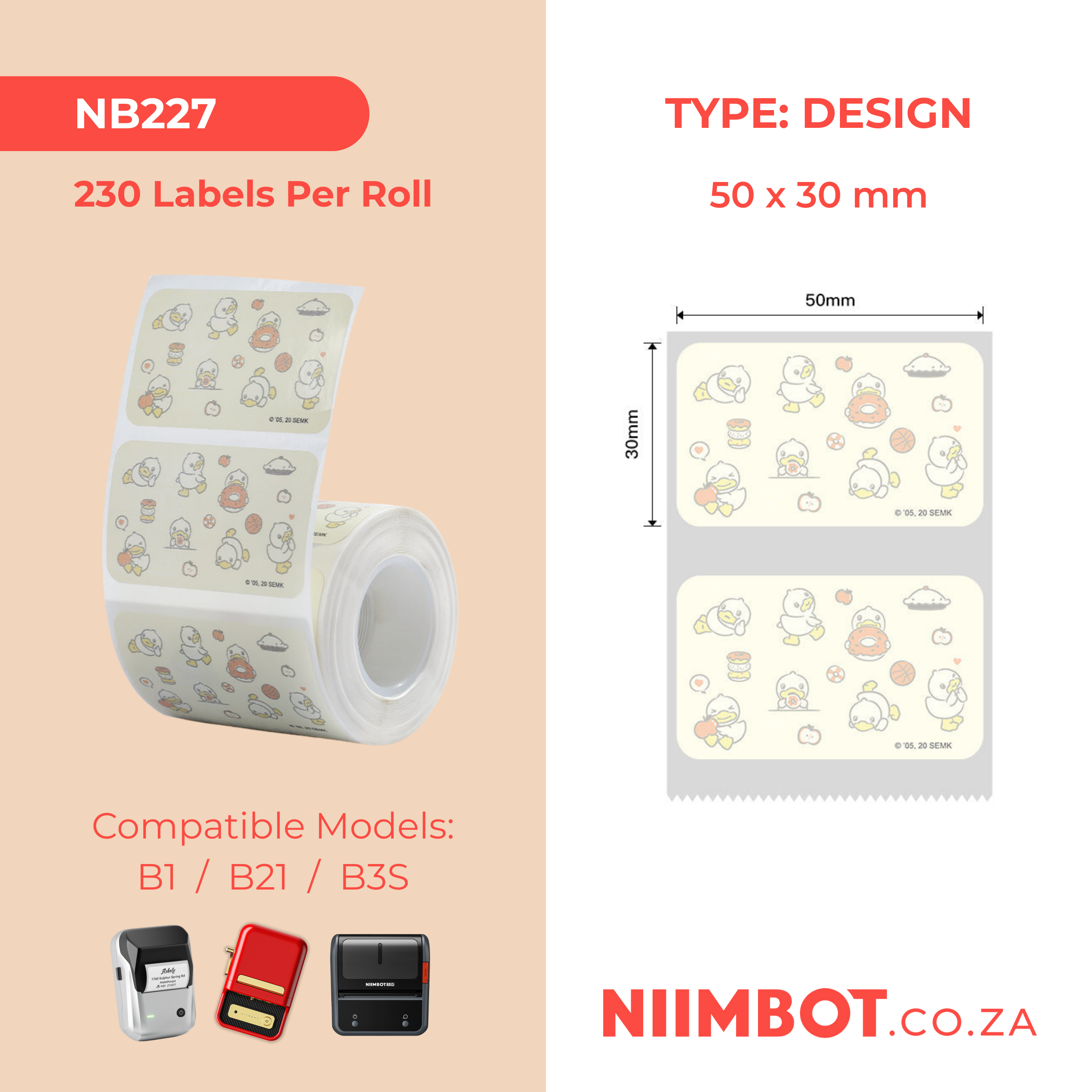 NB227 - NIIMBOT - B1 / B21 / B3S - 50*30MM - 230 LIGHT YELLOW THERMAL LABELS - DUCK DESIGN