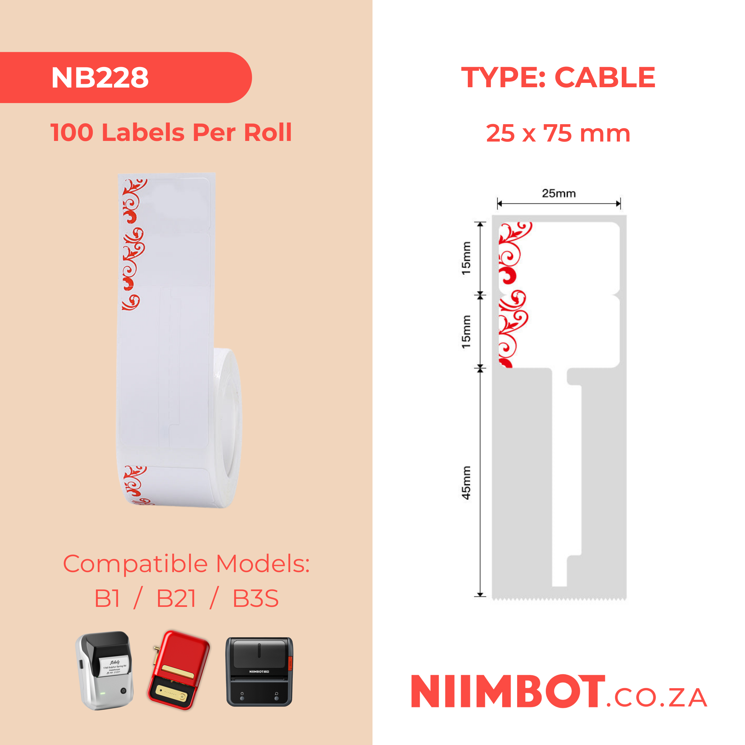 NB228 - NIIMBOT - B1 / B21 / B3S - R02T - 25*75MM (25x30+45) - 100 LABELS PER ROLL - RED PATTERN DESIGN