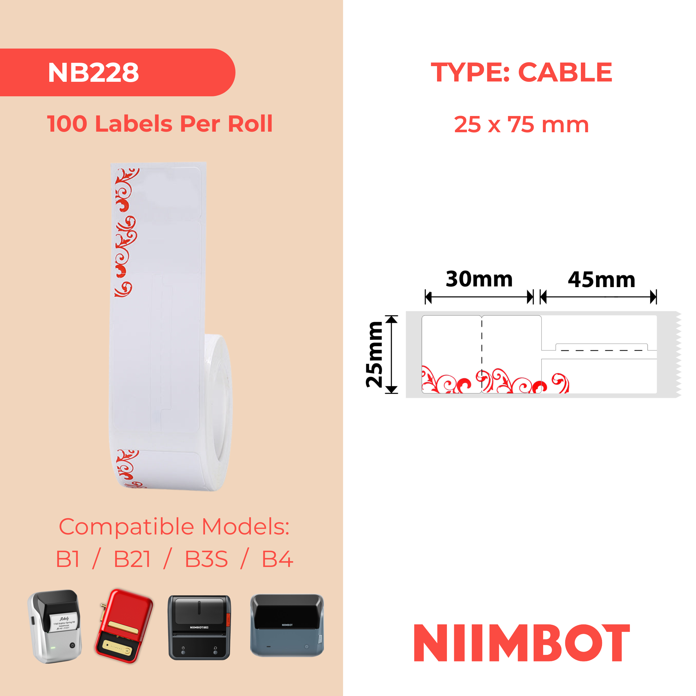 NB228 - NIIMBOT - B1 / B21 / B3S / B4 - 25X75MM - 100 RED PATTERN LABELS