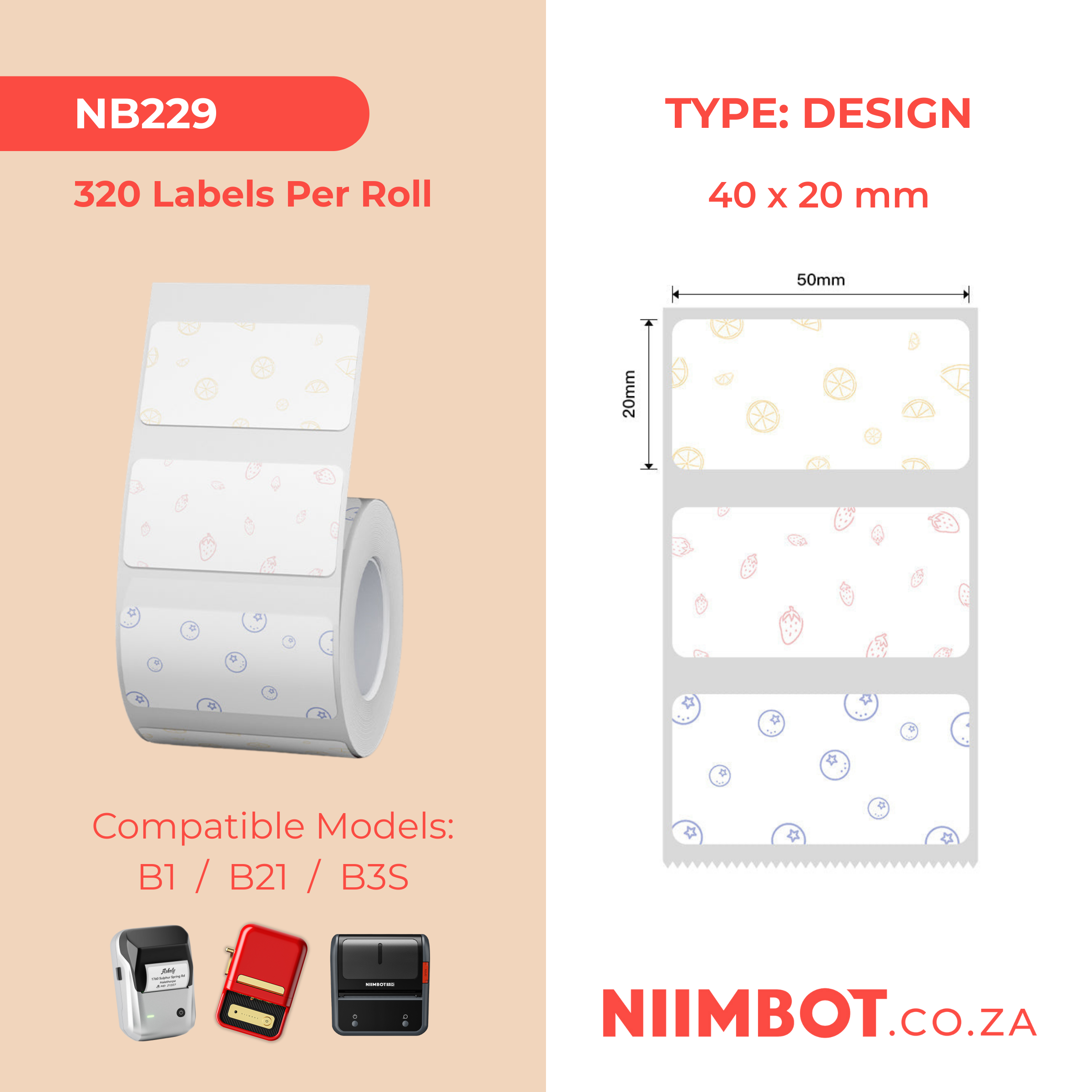 NB229 - NIIMBOT - B1 / B21 / B3S - T40*20MM - 320 LABELS PER ROLL - FRUIT SHADING DESIGN