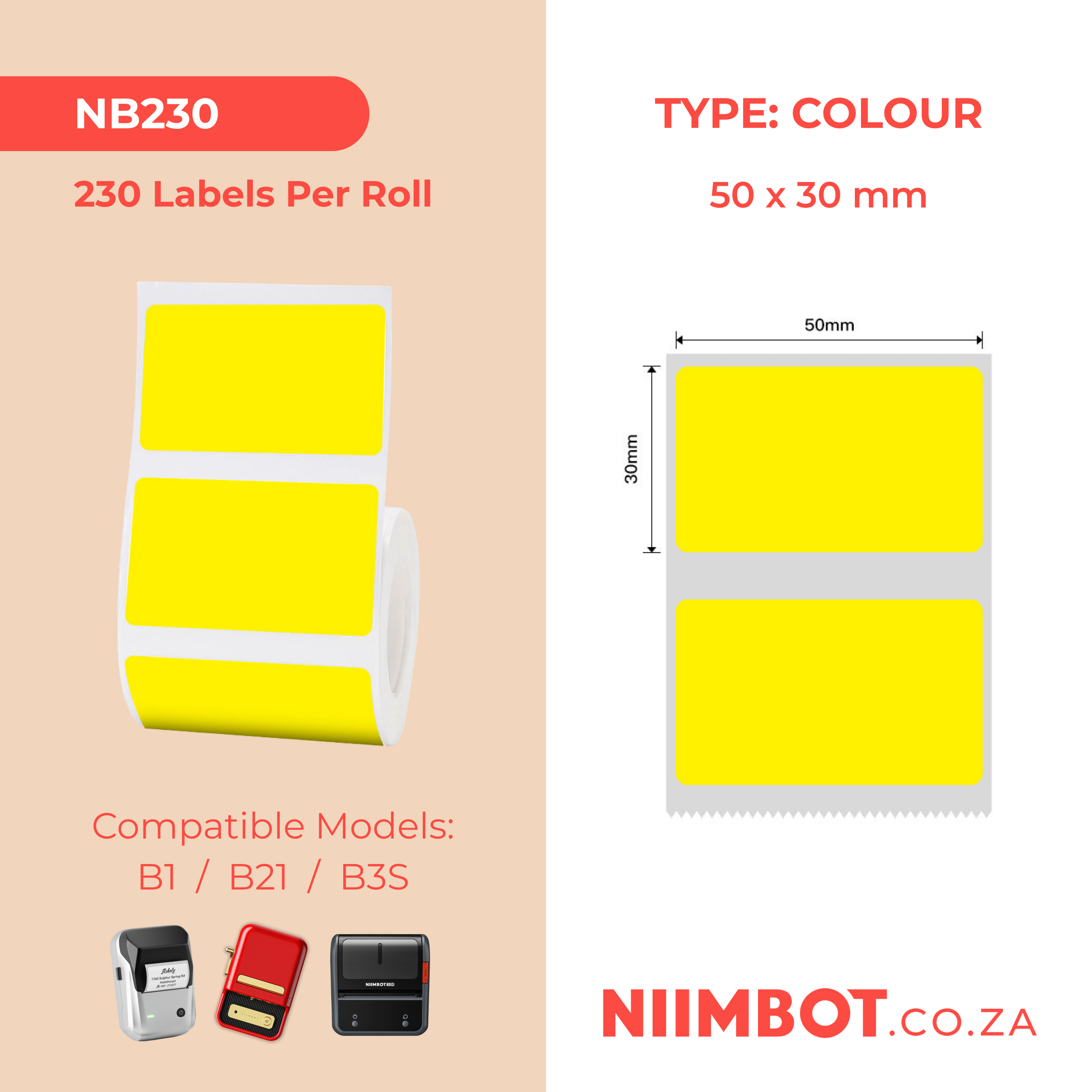 NB230 - NIIMBOT - B1 / B21 / B3S - 50*30MM - 230 YELLOW THERMAL LABELS